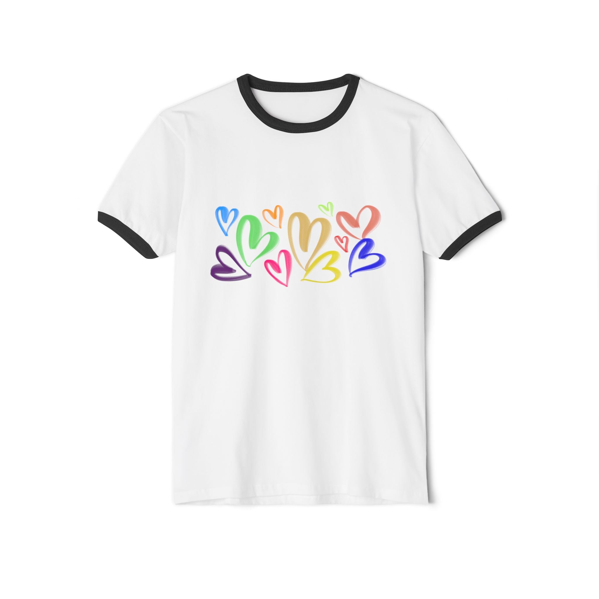 Colorful Heart Vibe Unisex Ringer T-Shirt, Cute Graphic Tee, Casual Pride Shirt, Gift for Friends, Summer Wear, LGBTQ+ Apparel