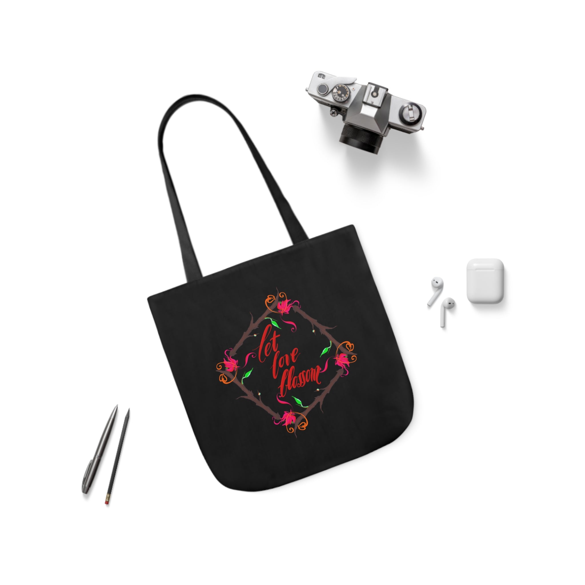 LET LOVE BLOSSOM Canvas Tote Bag, 5-Color Straps