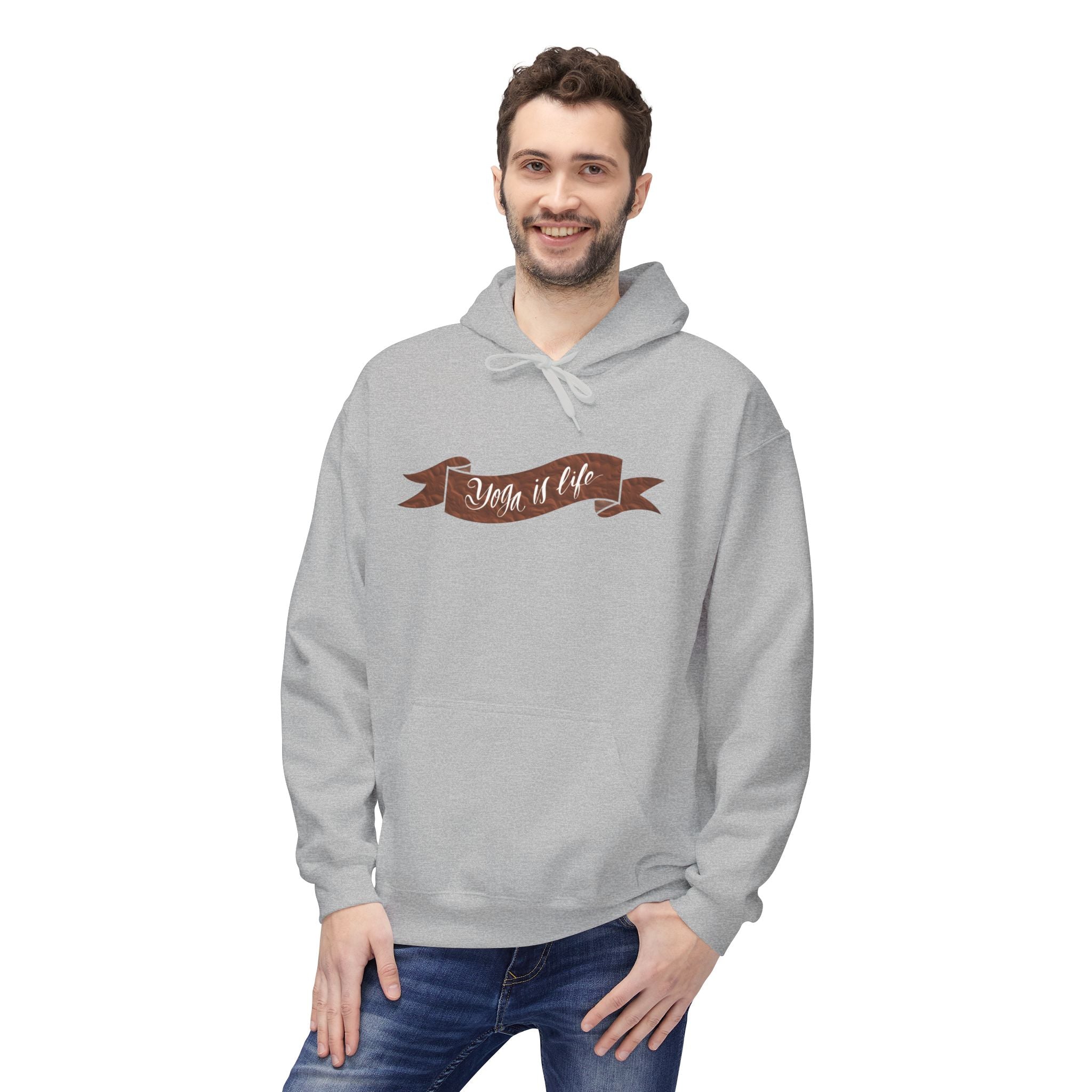Cozy 'Yoga is Life' Script Hoodie — Rustic Brown Fleece Pullover