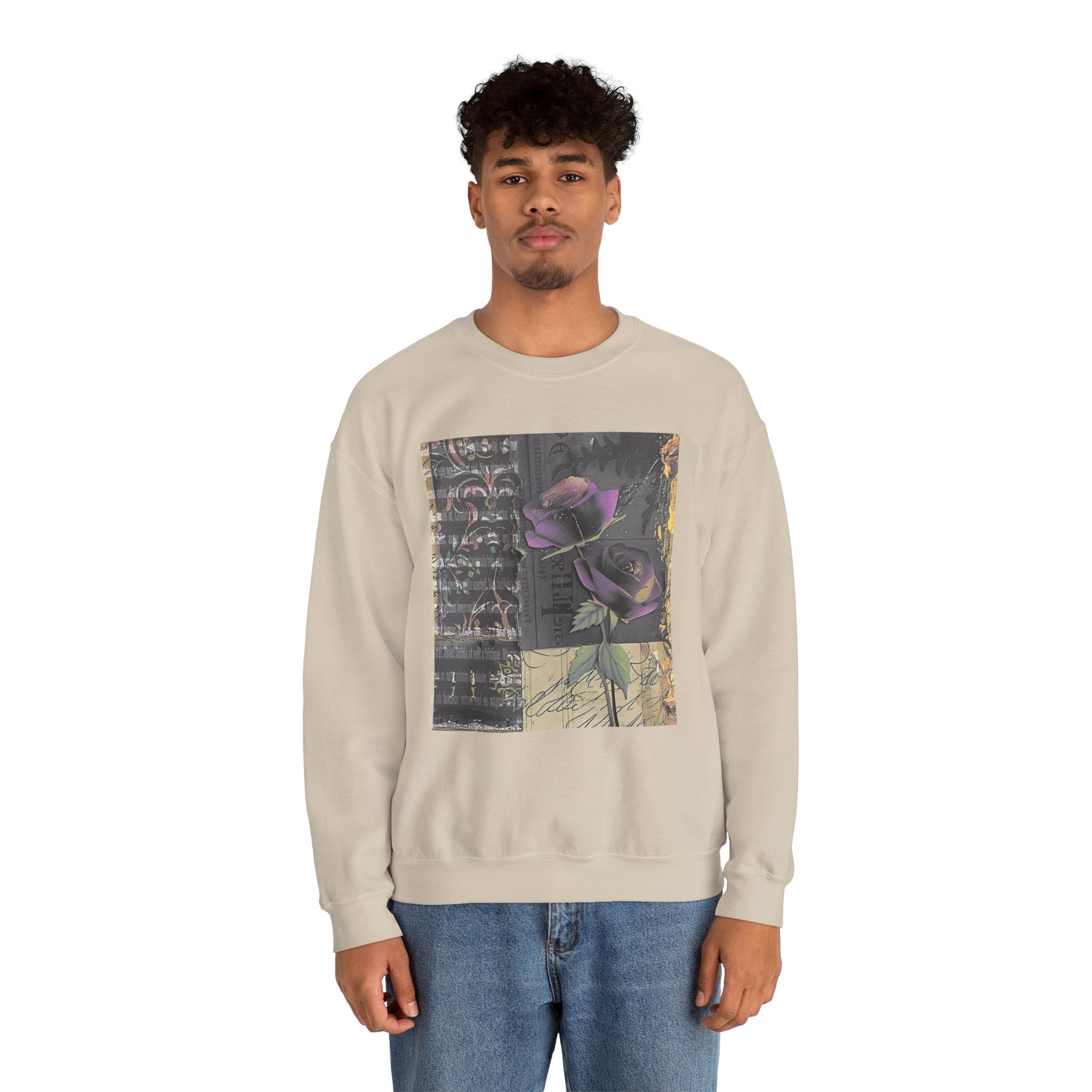 Crewneck Sweatshirt — Vintage Botanical Collage with Purple Roses