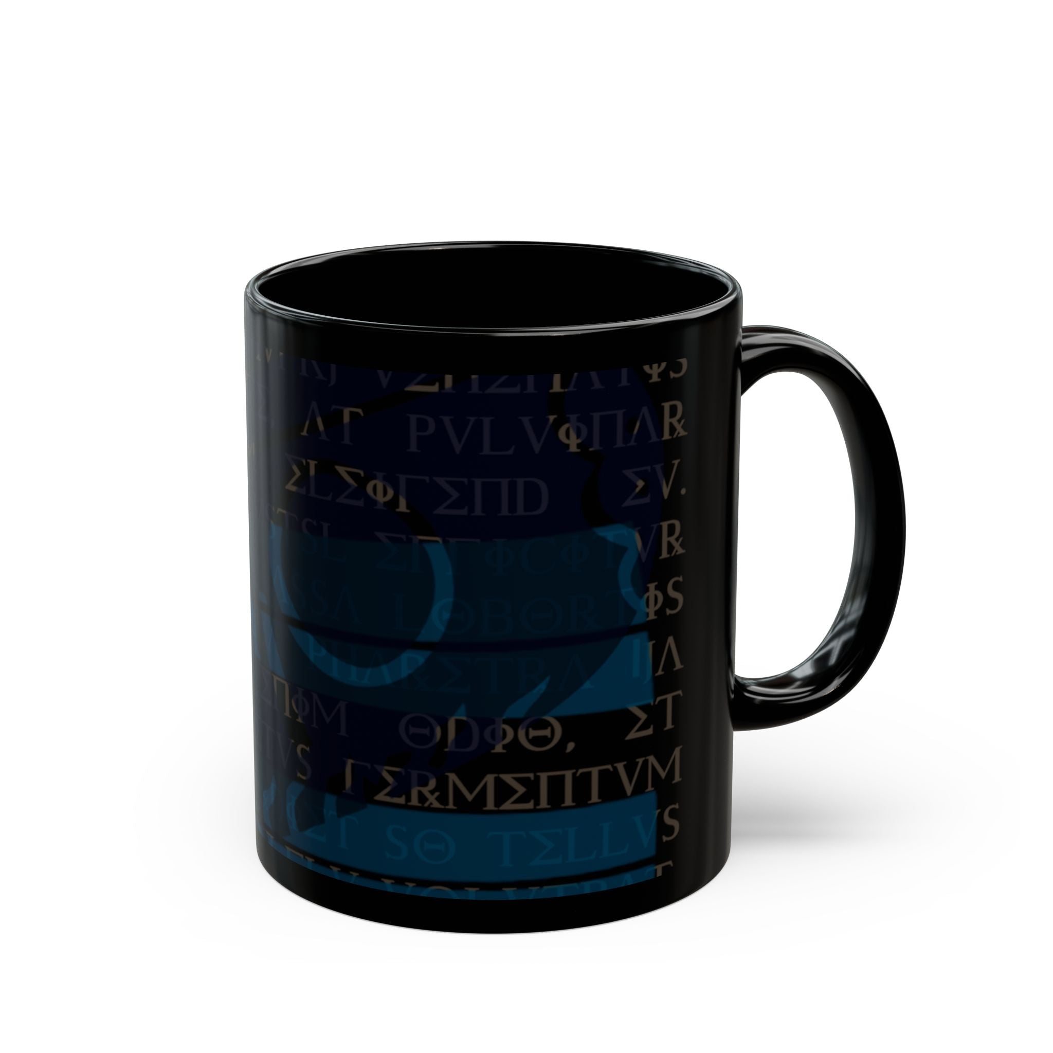 Mystic Rune Black Mug — Blue Glyphs & Ancient Script Coffee Cup (11oz)