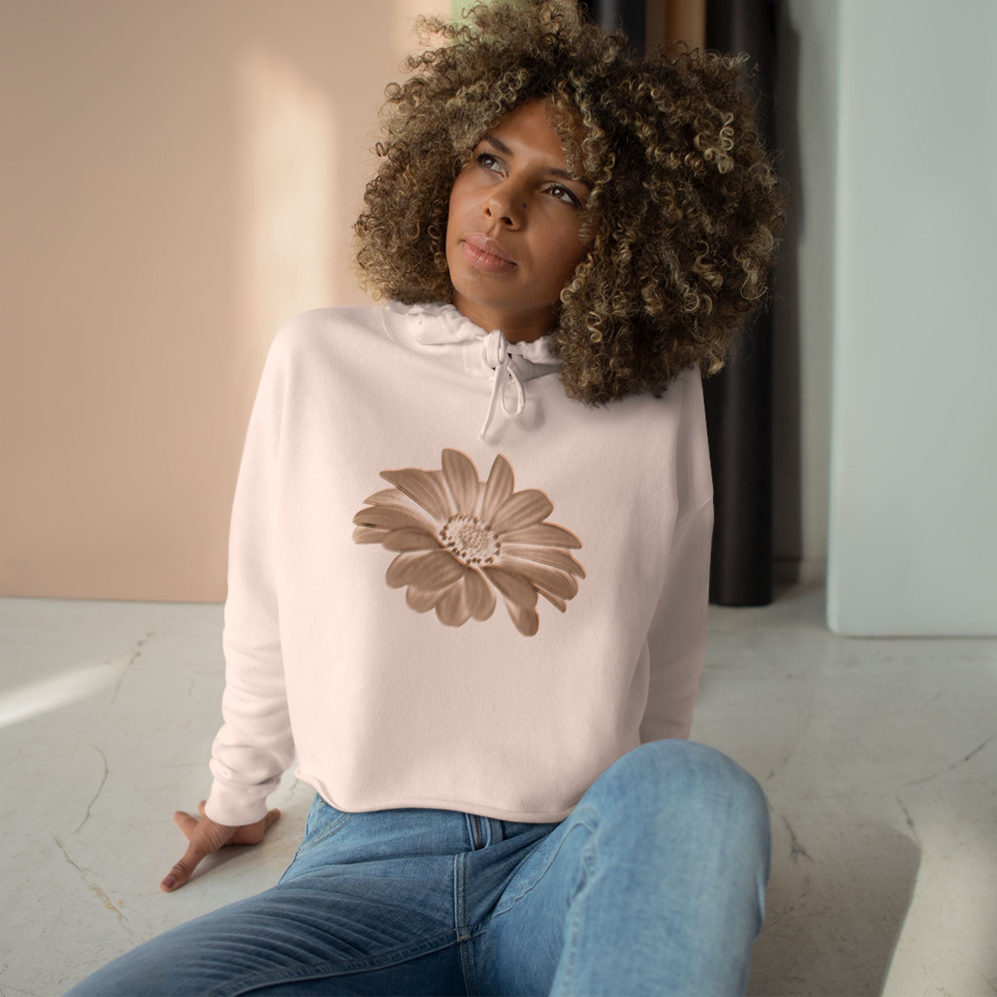Floral Print Crop Hoodie - Beige Floral Graphics for Casual Wear