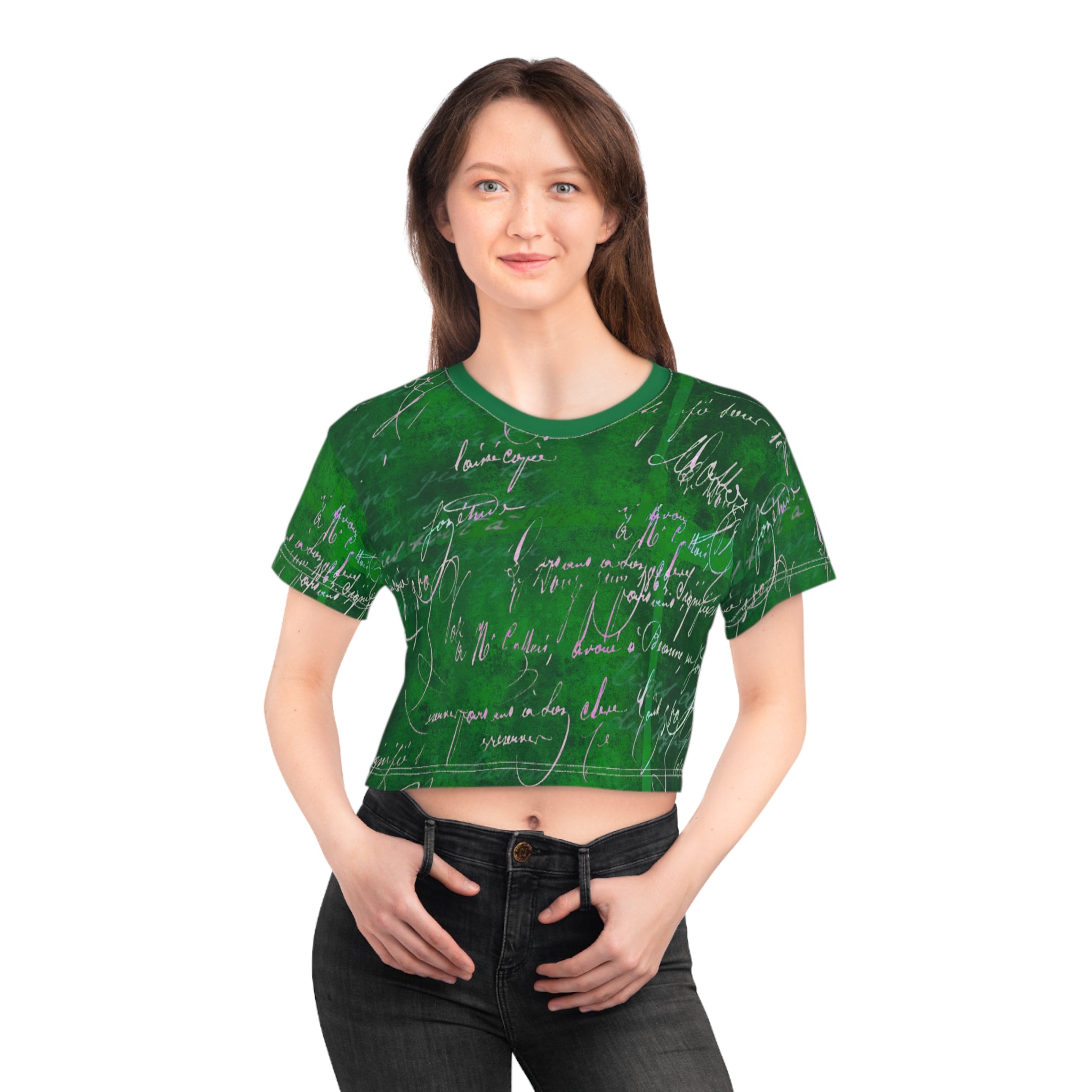 Stylish Script Crop Tee - Trendy Green Graphic Top for Casual Wear