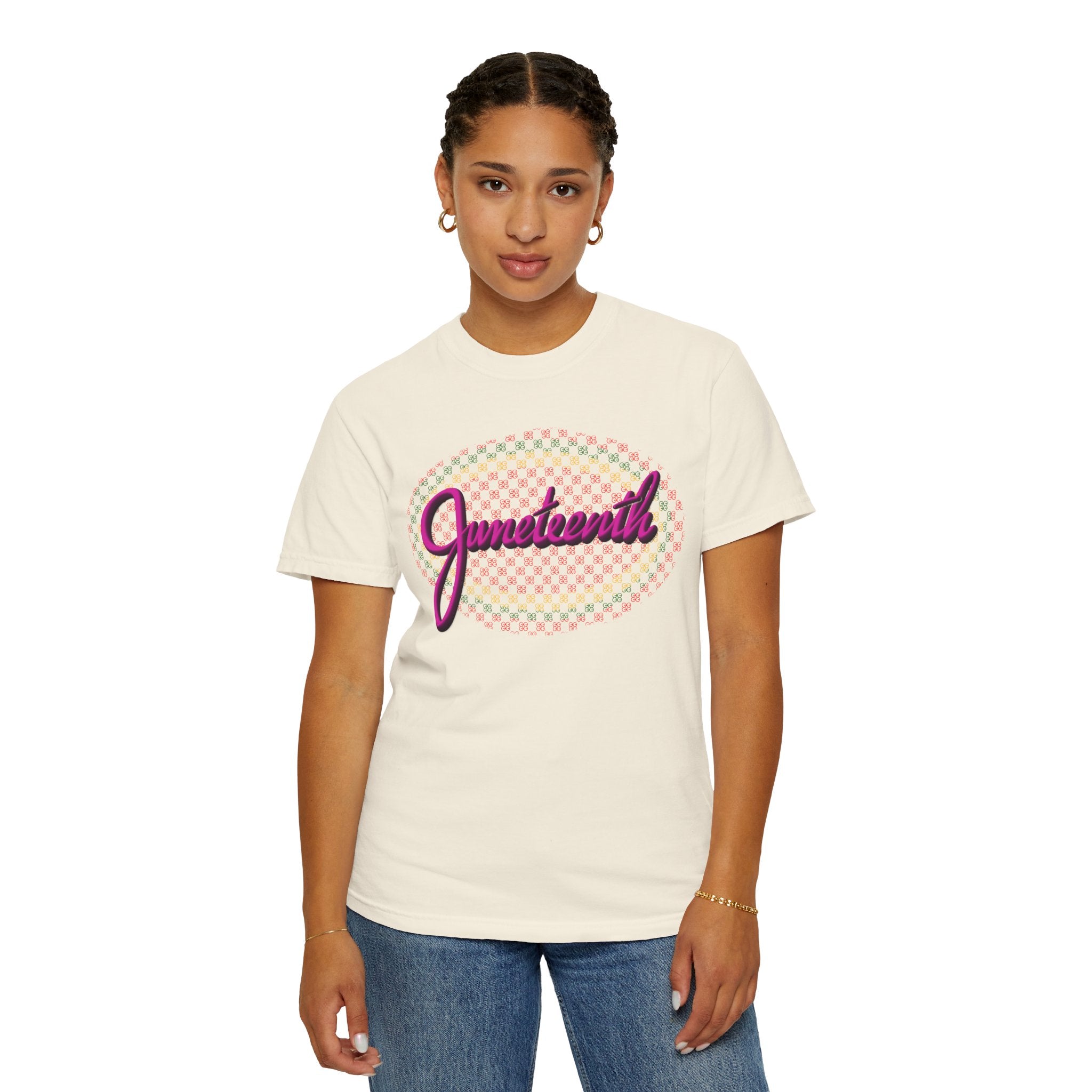 JUNETEENTH WITH PINK SCRIPT Unisex Garment-Dyed T-shirt