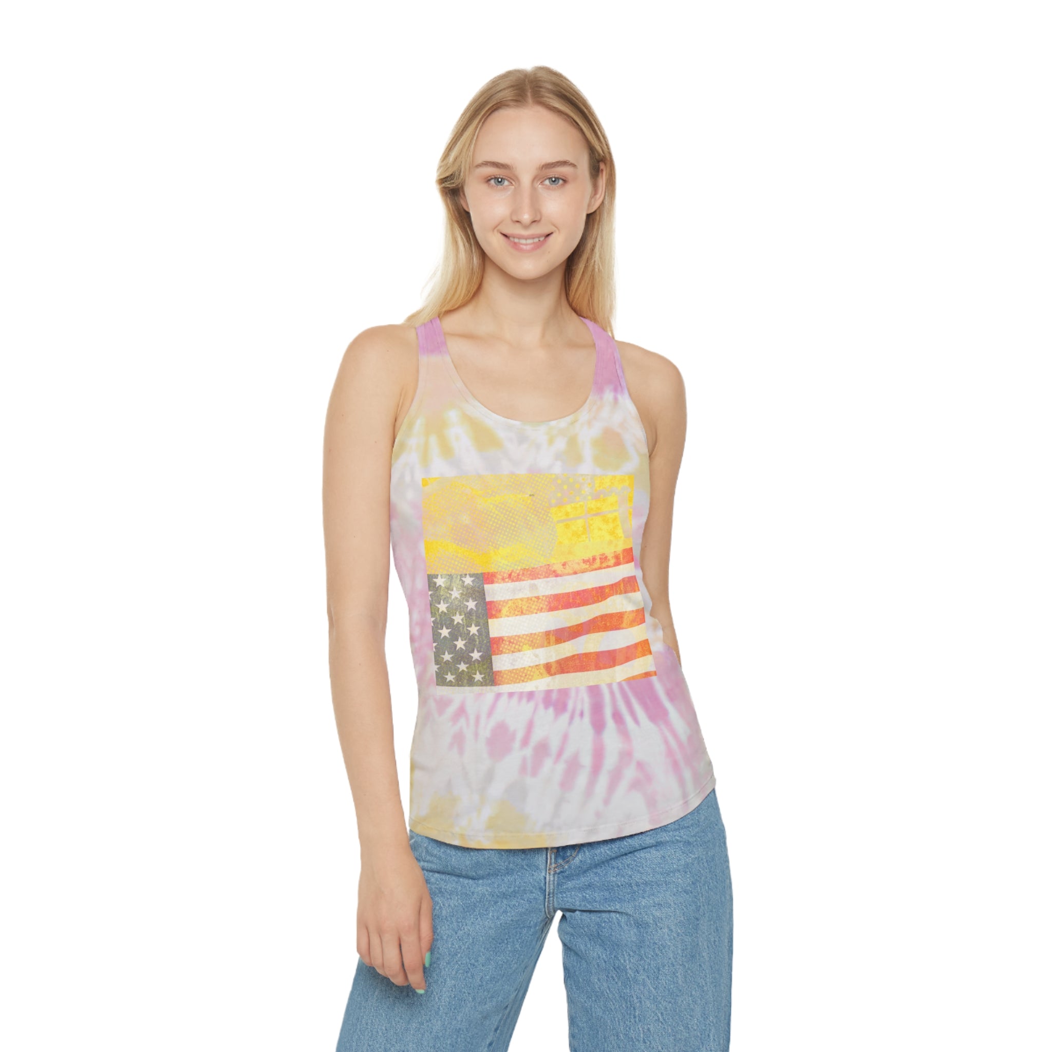 Patriotic Tie Dye Racerback Tank Top for Summer Celebrations
