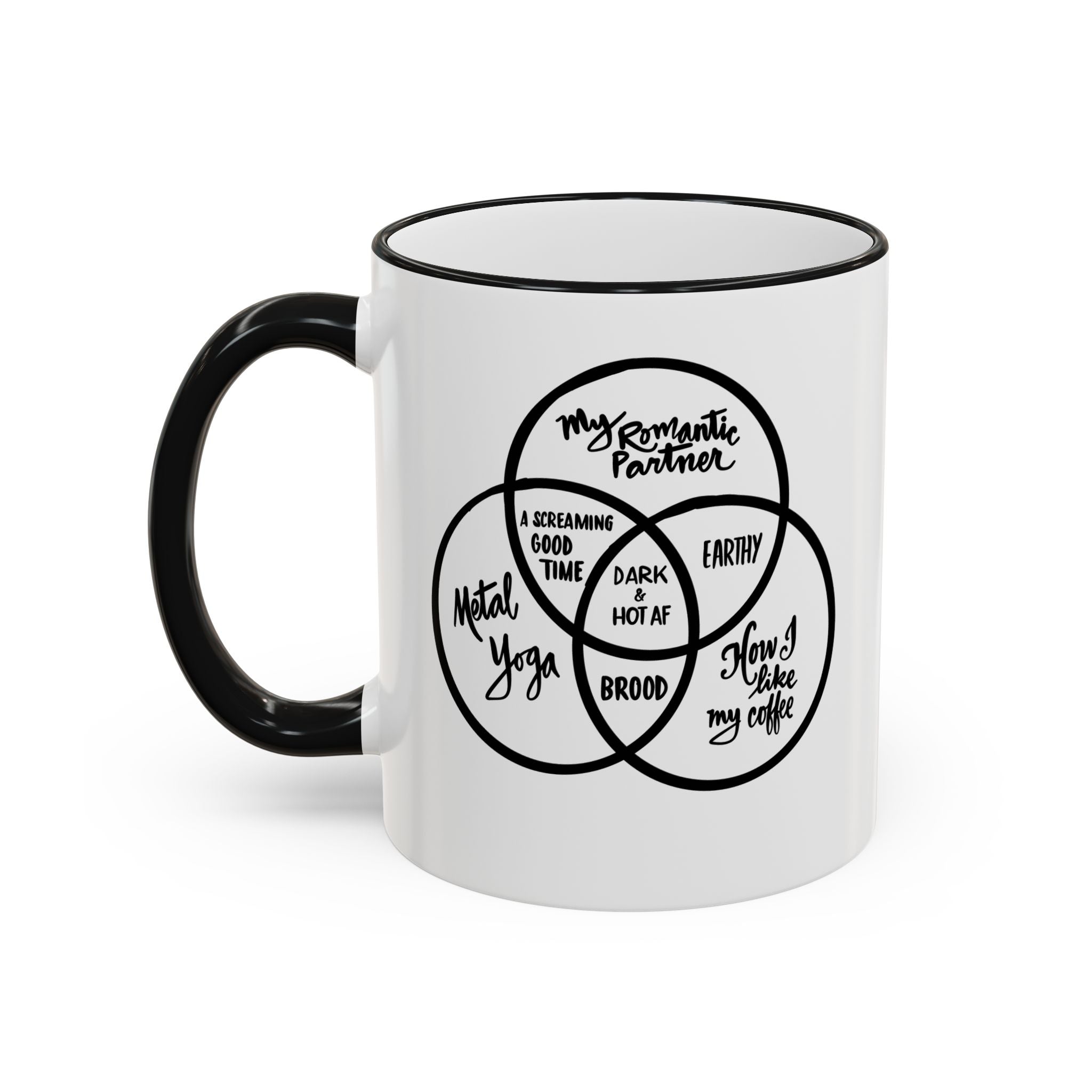 Metal Yoga Venn Diagram Mug — Funny Coffee Lover Accent Rim & Handle Mug (11oz/15oz)