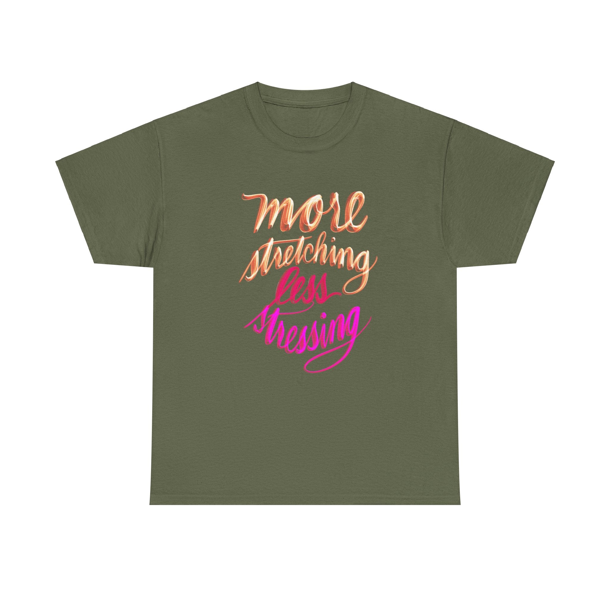 Yoga Tee - More Stretching, Less Stressing - Handwritten Tee Shirt Design by Cecile