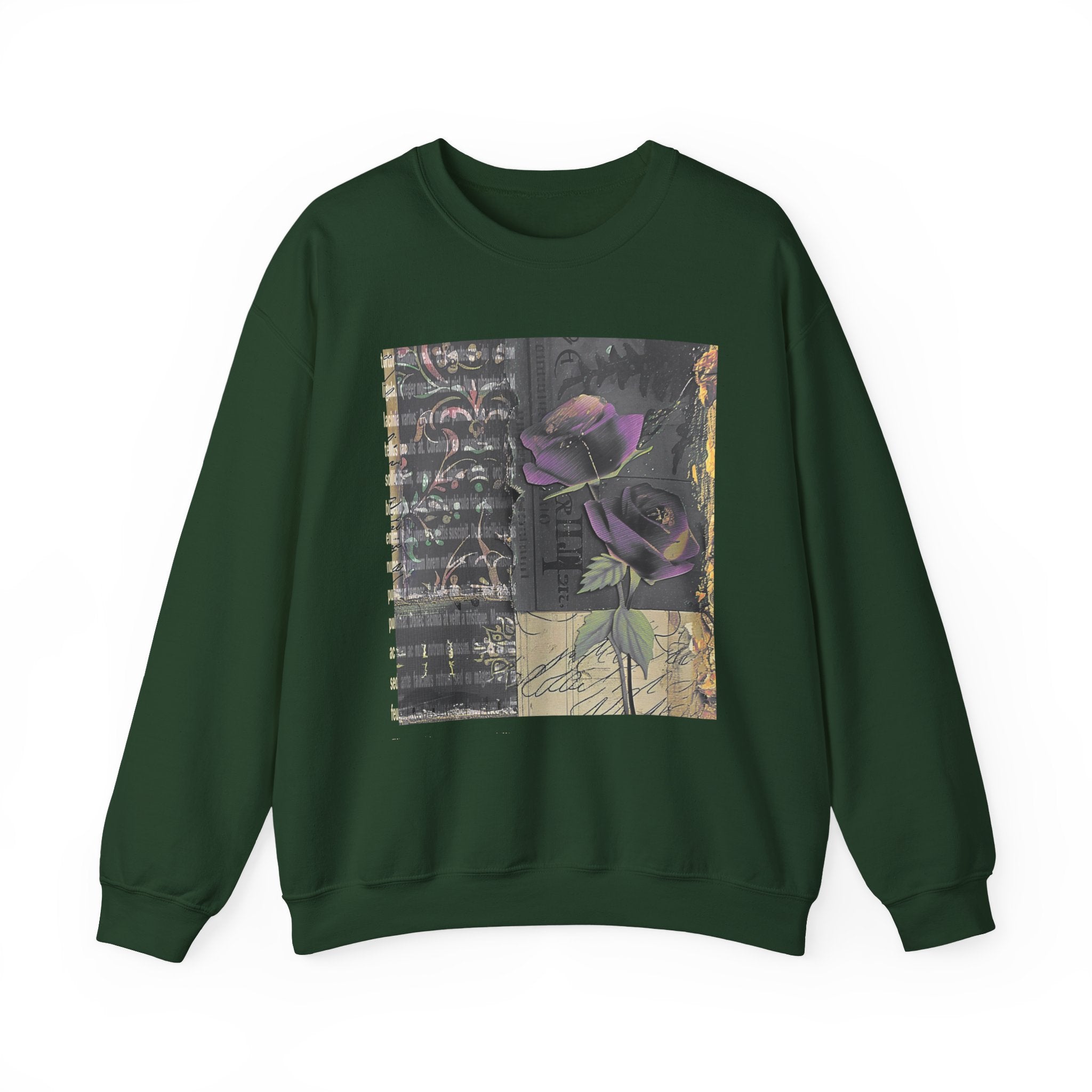 Crewneck Sweatshirt — Vintage Botanical Collage with Purple Roses