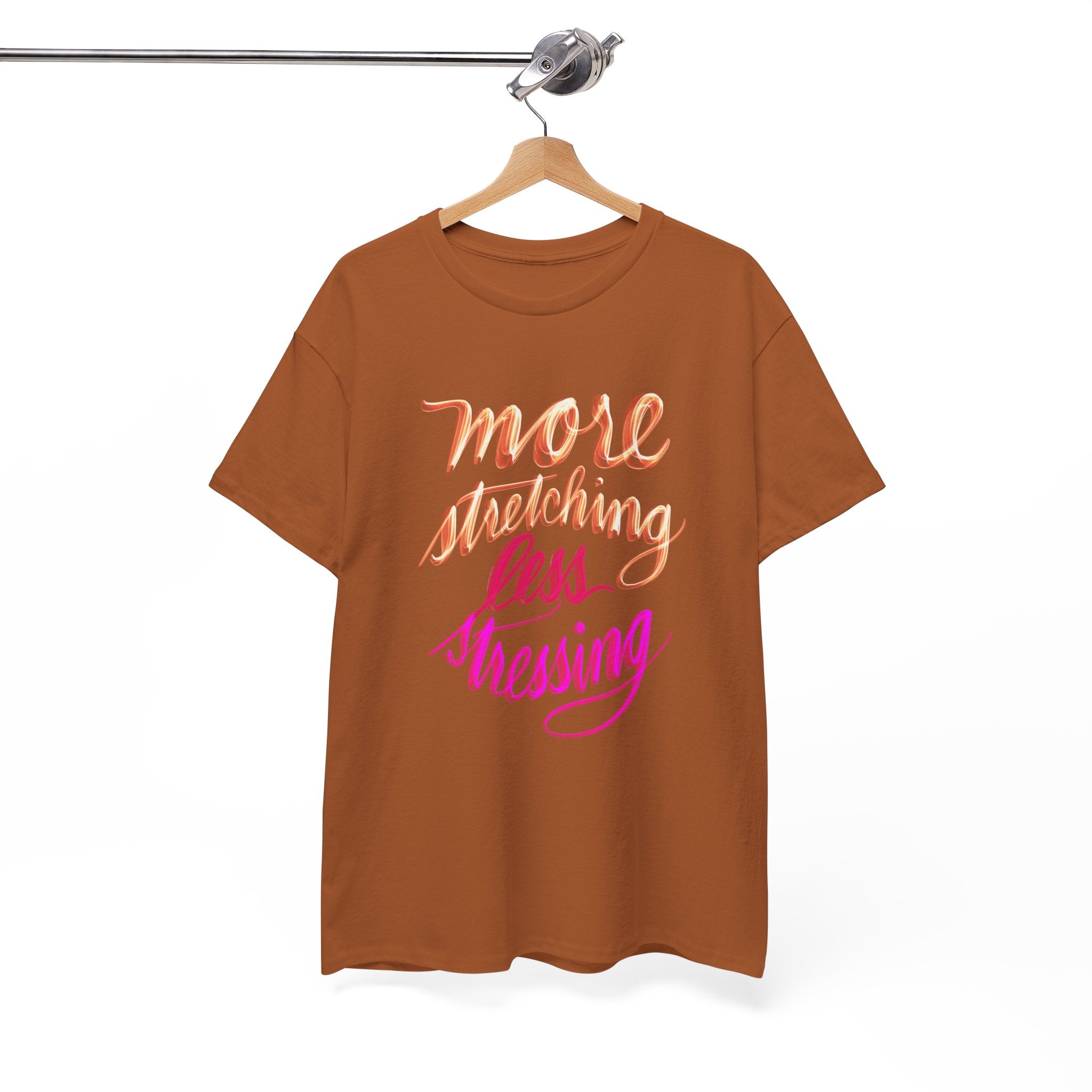 Yoga Tee - More Stretching, Less Stressing - Handwritten Tee Shirt Design by Cecile