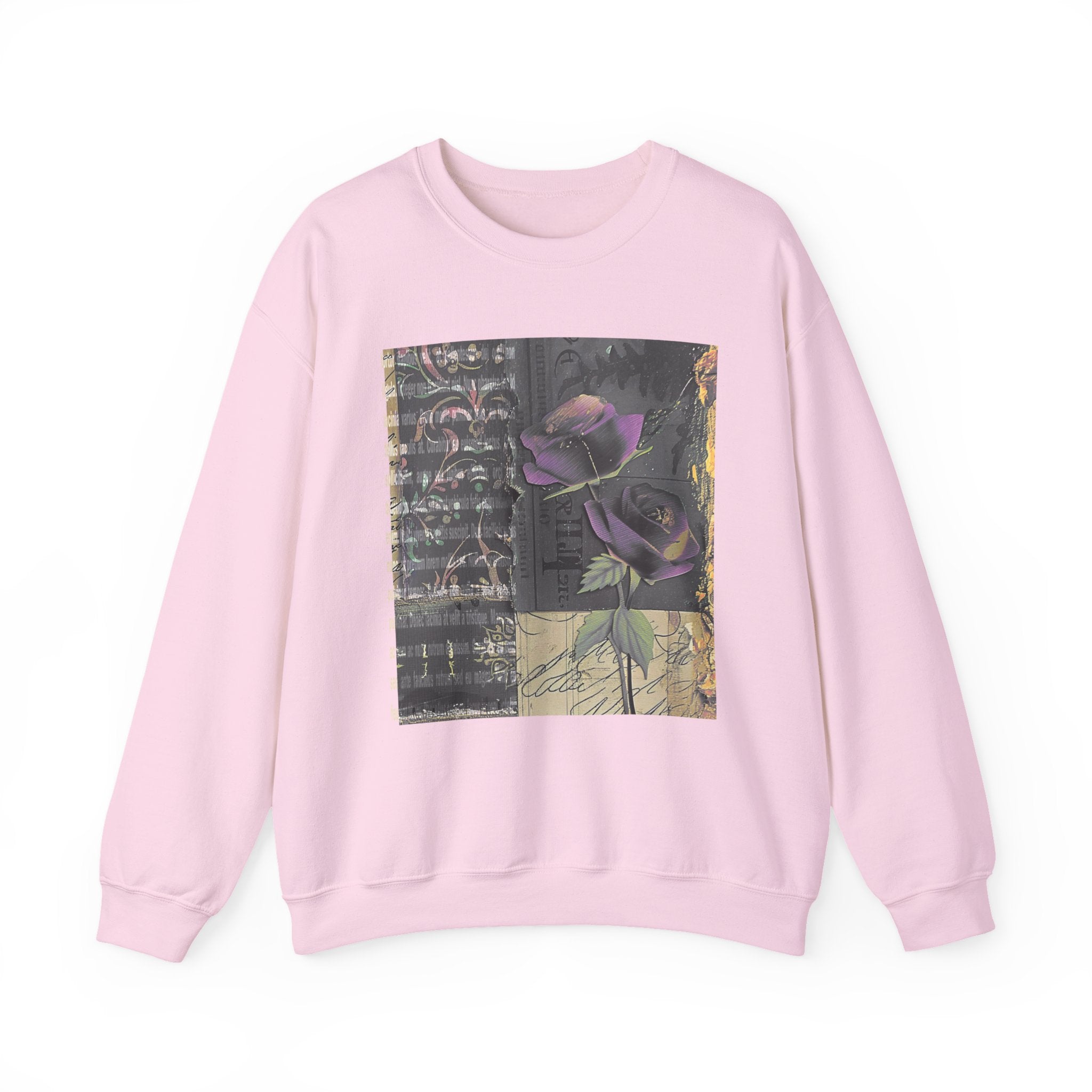 Crewneck Sweatshirt — Vintage Botanical Collage with Purple Roses