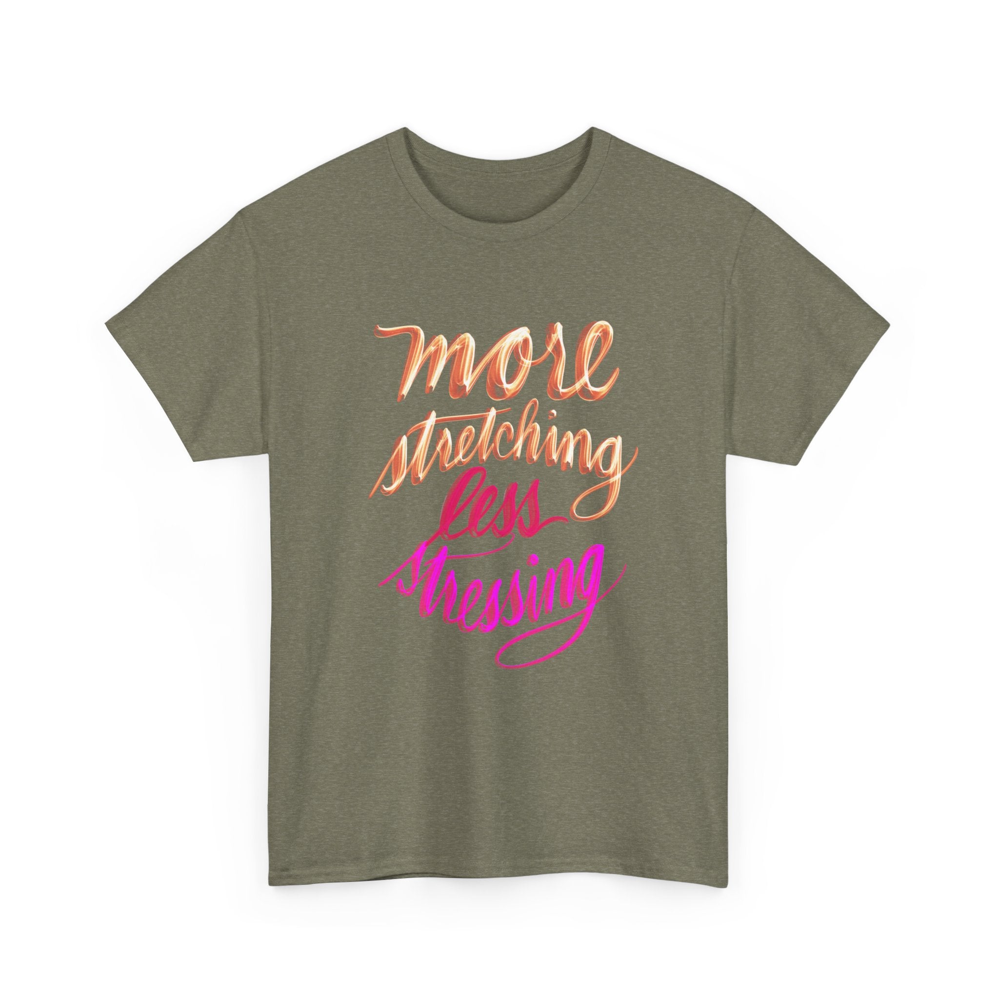 Yoga Tee - More Stretching, Less Stressing - Handwritten Tee Shirt Design by Cecile
