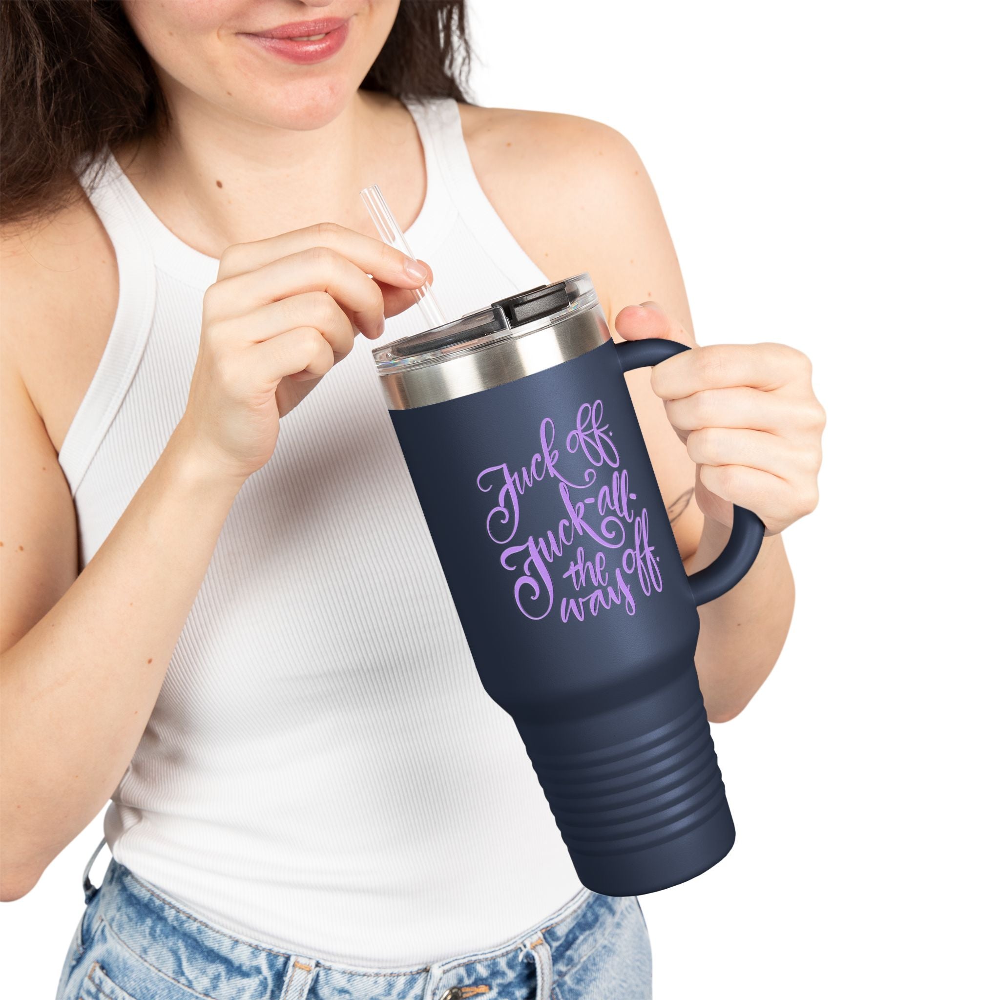 Funny Insulated Travel Mug - 40oz with 'Fuck Off' Hand-drawn
