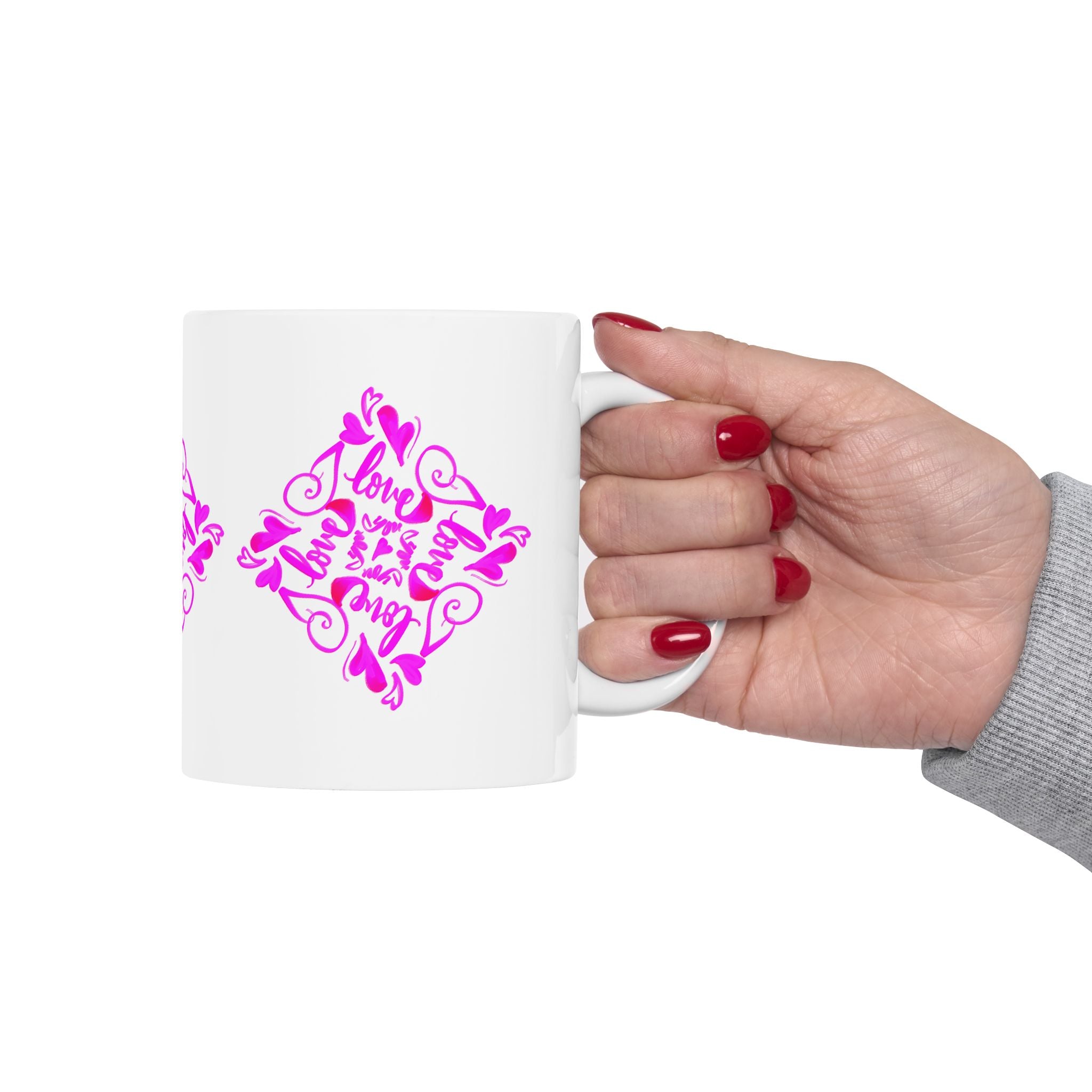 I love you hand-drawn Hearts Ceramic Mug — Pink Floral Heart calligraphy (11 loz)