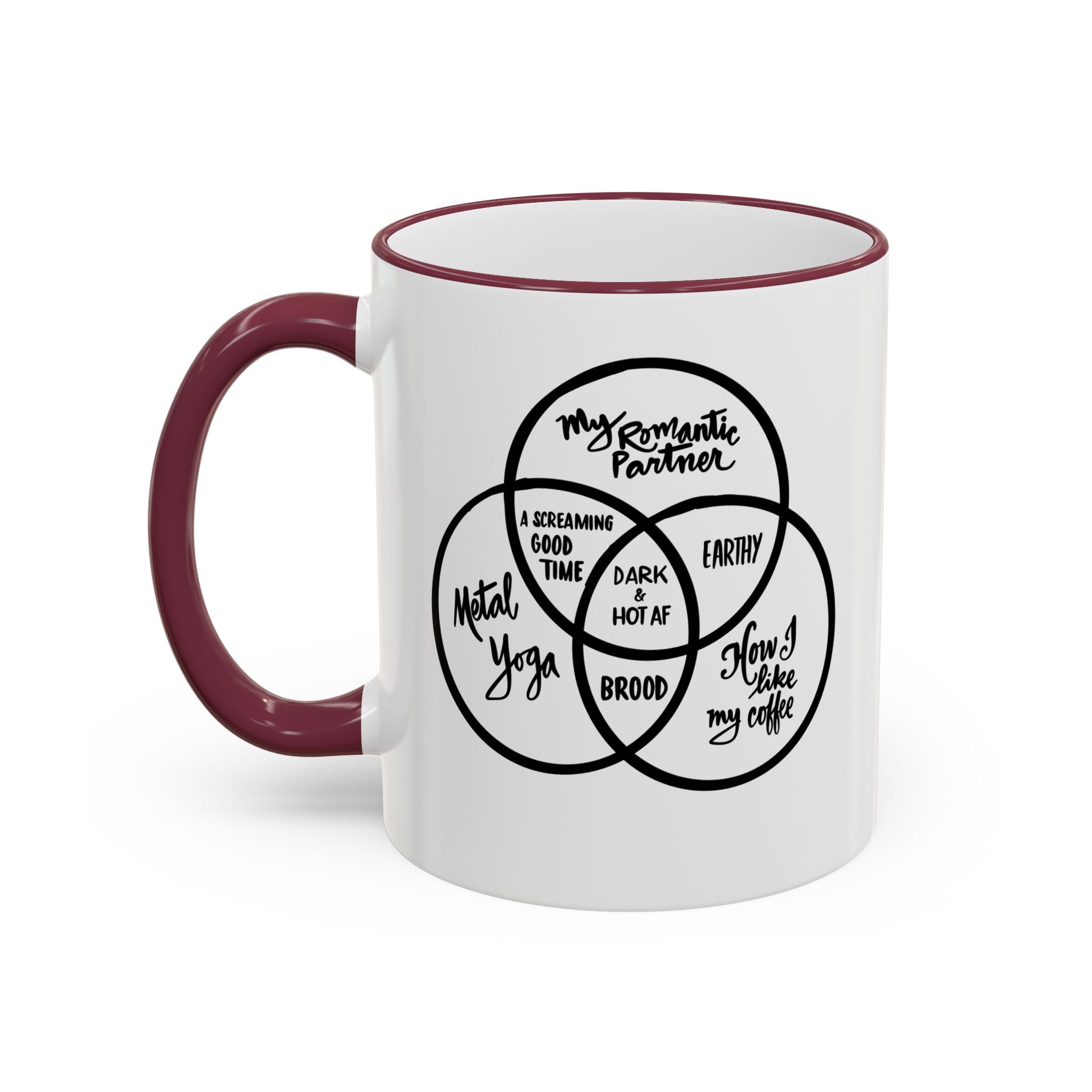 Metal Yoga Venn Diagram Mug — Funny Coffee Lover Accent Rim & Handle Mug (11oz/15oz)