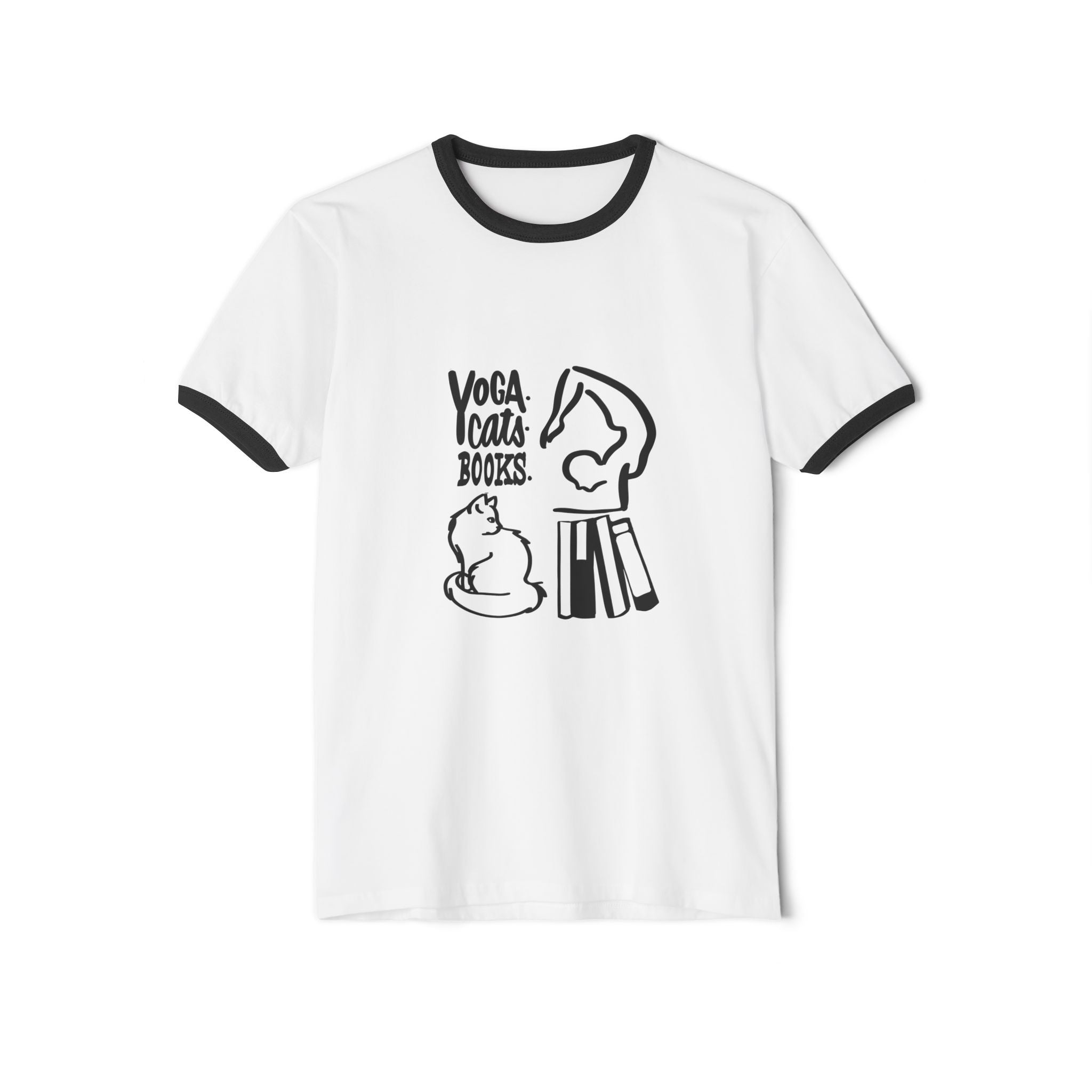 Yoga, Cats, Books Ringer T-Shirt - Unisex Cotton Tee for Cat Lovers, Bibliophiles, and Yoga Enthusiasts