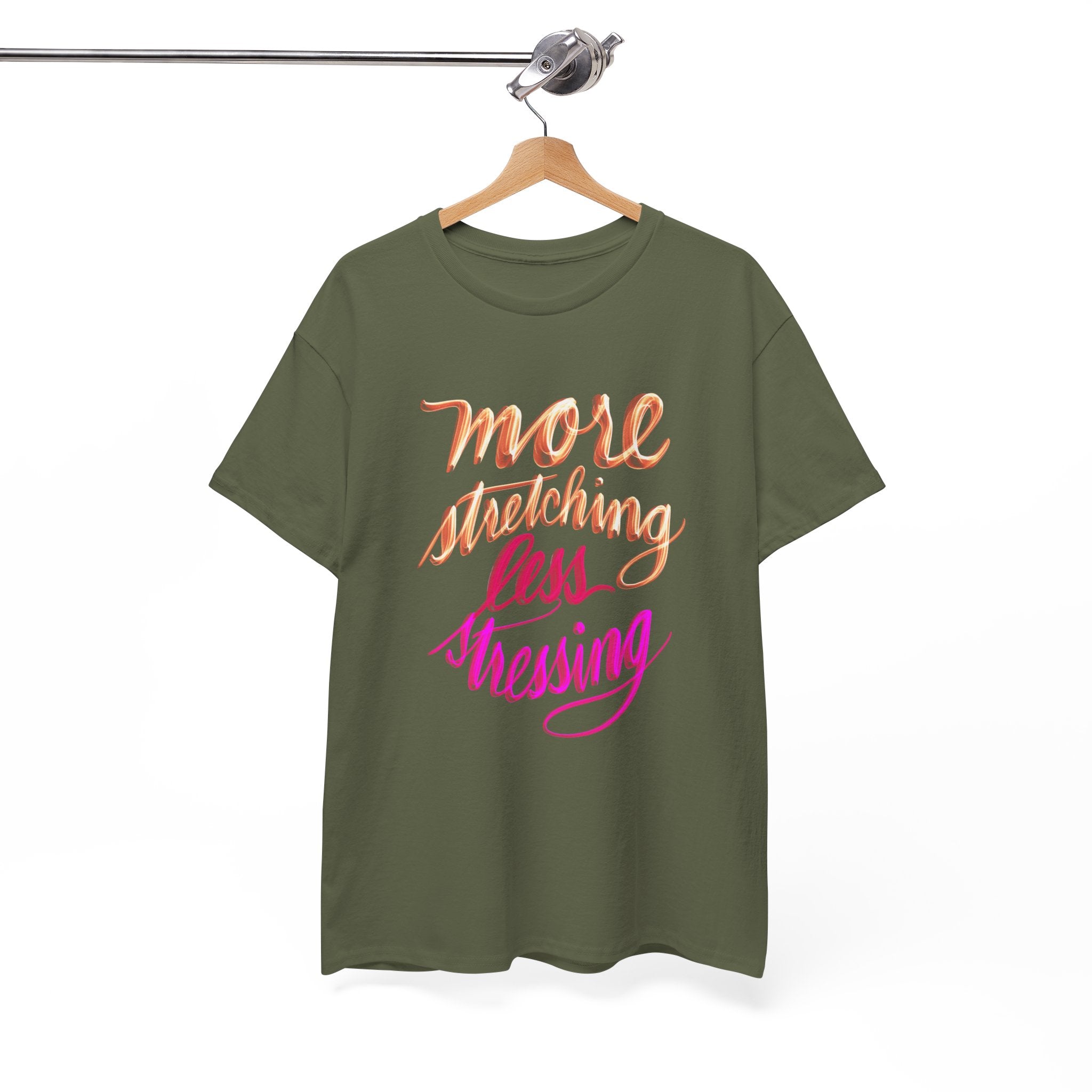Yoga Tee - More Stretching, Less Stressing - Handwritten Tee Shirt Design by Cecile