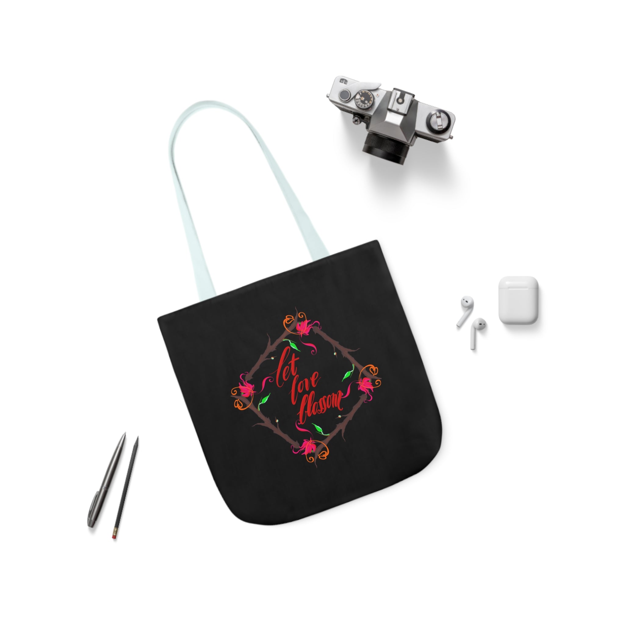 LET LOVE BLOSSOM Canvas Tote Bag, 5-Color Straps
