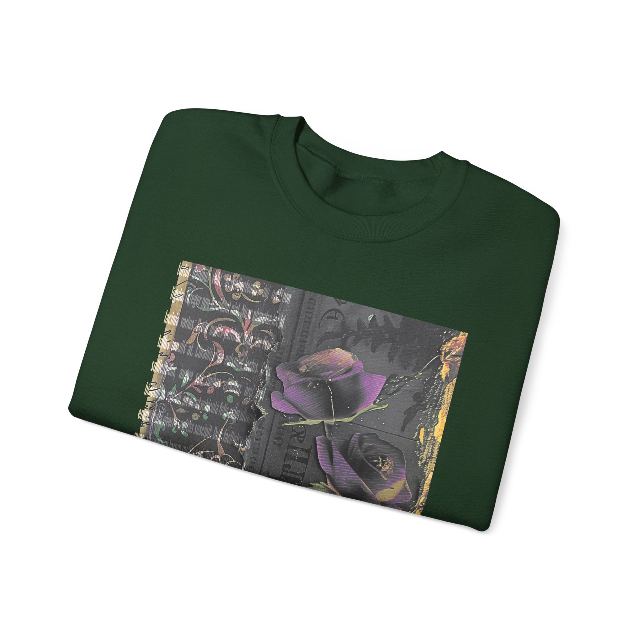 Crewneck Sweatshirt — Vintage Botanical Collage with Purple Roses