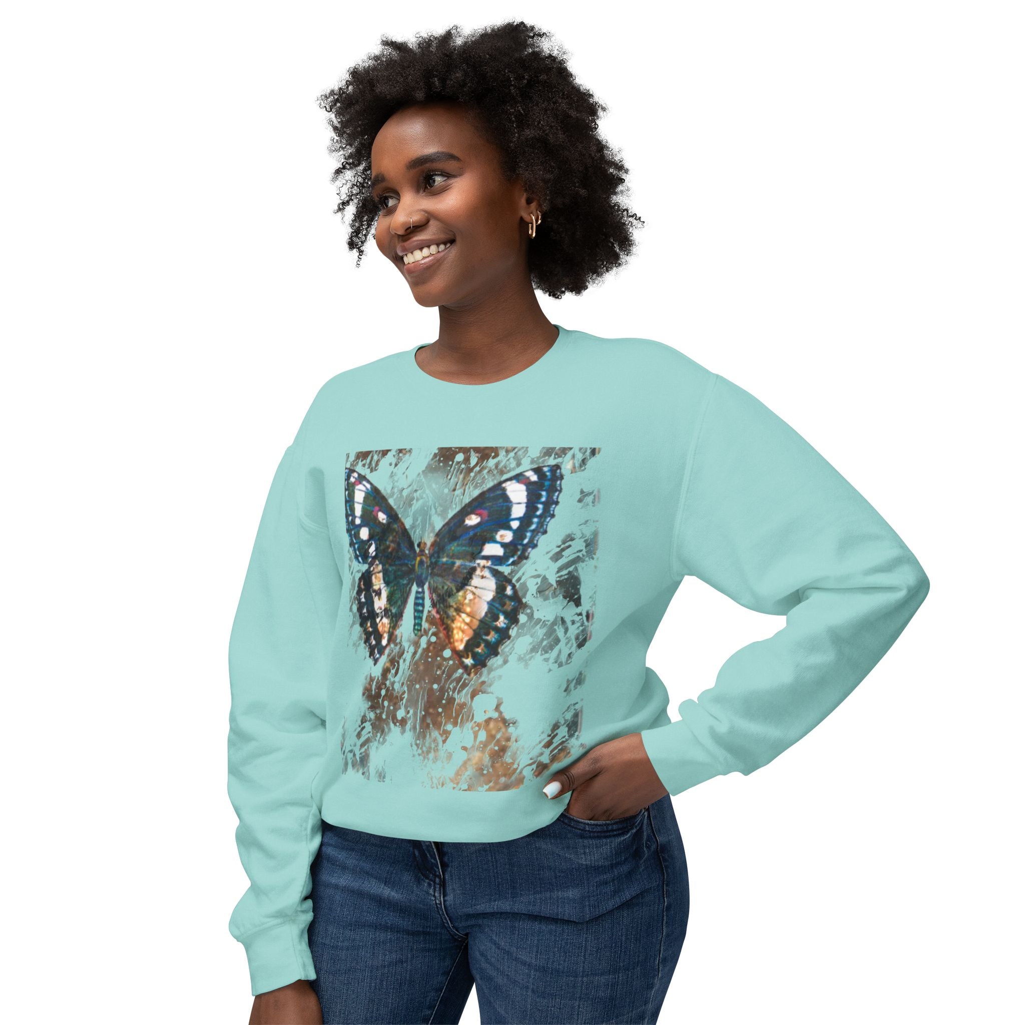 Butterfly Print Unisex Lightweight Crewneck Sweatshirt - Nature-Inspired Style for Everyday Wear