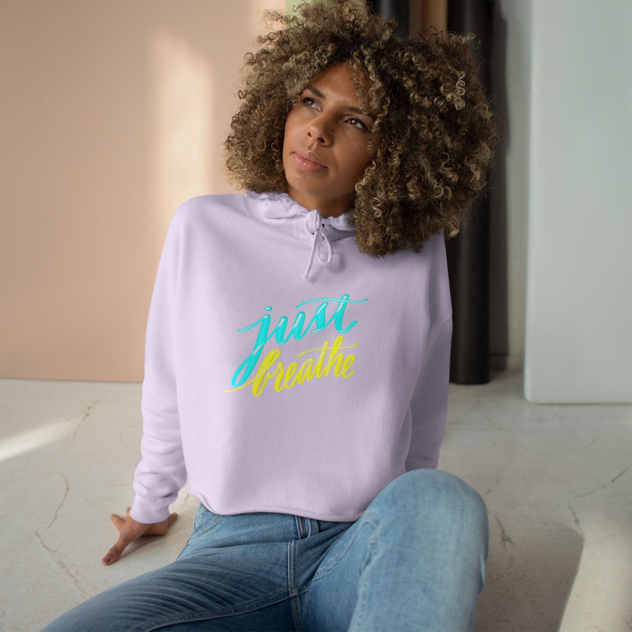 Just Breathe Crop Hoodie - Inspirational Relaxed Fit for Stress Relief and Comfort