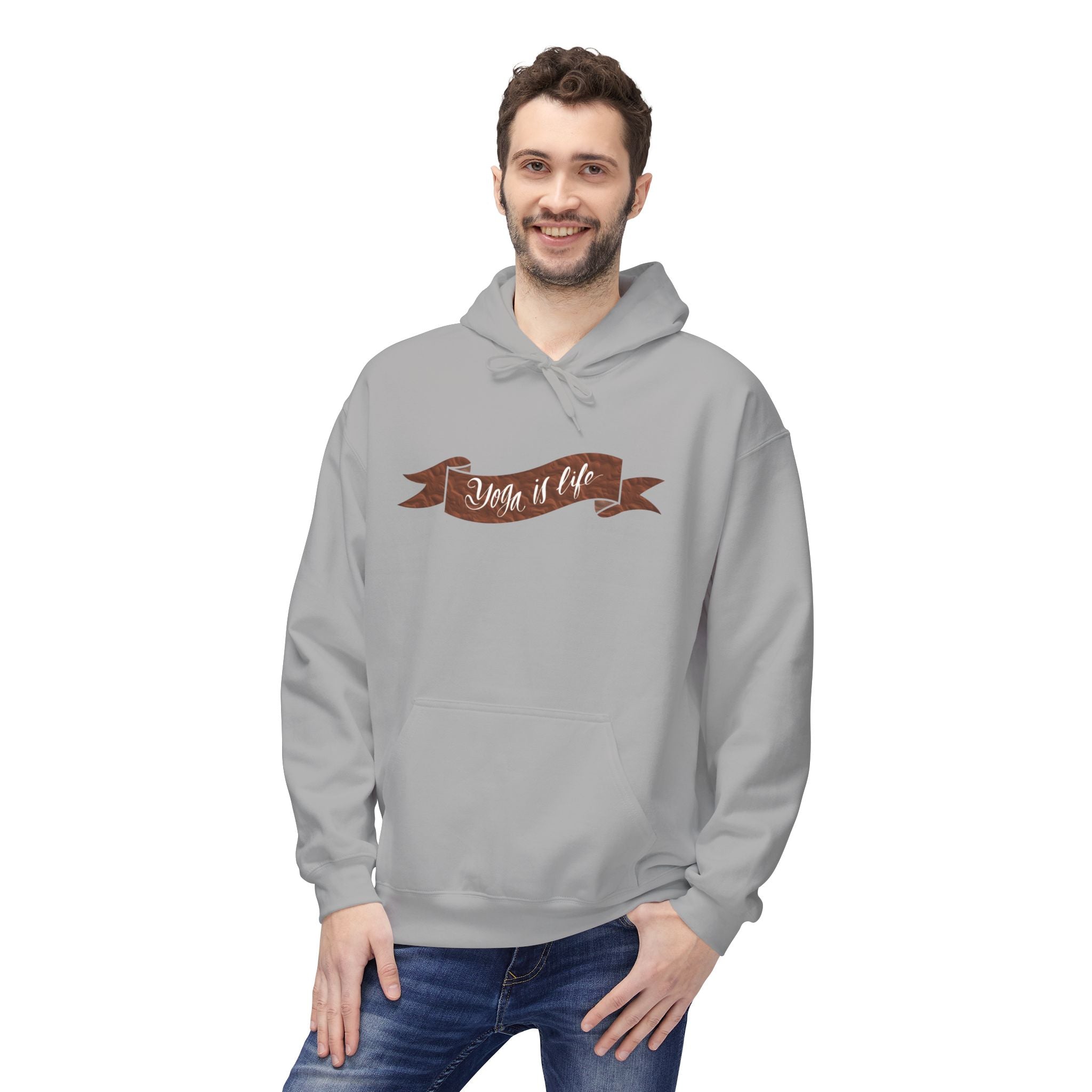 Cozy 'Yoga is Life' Script Hoodie — Rustic Brown Fleece Pullover