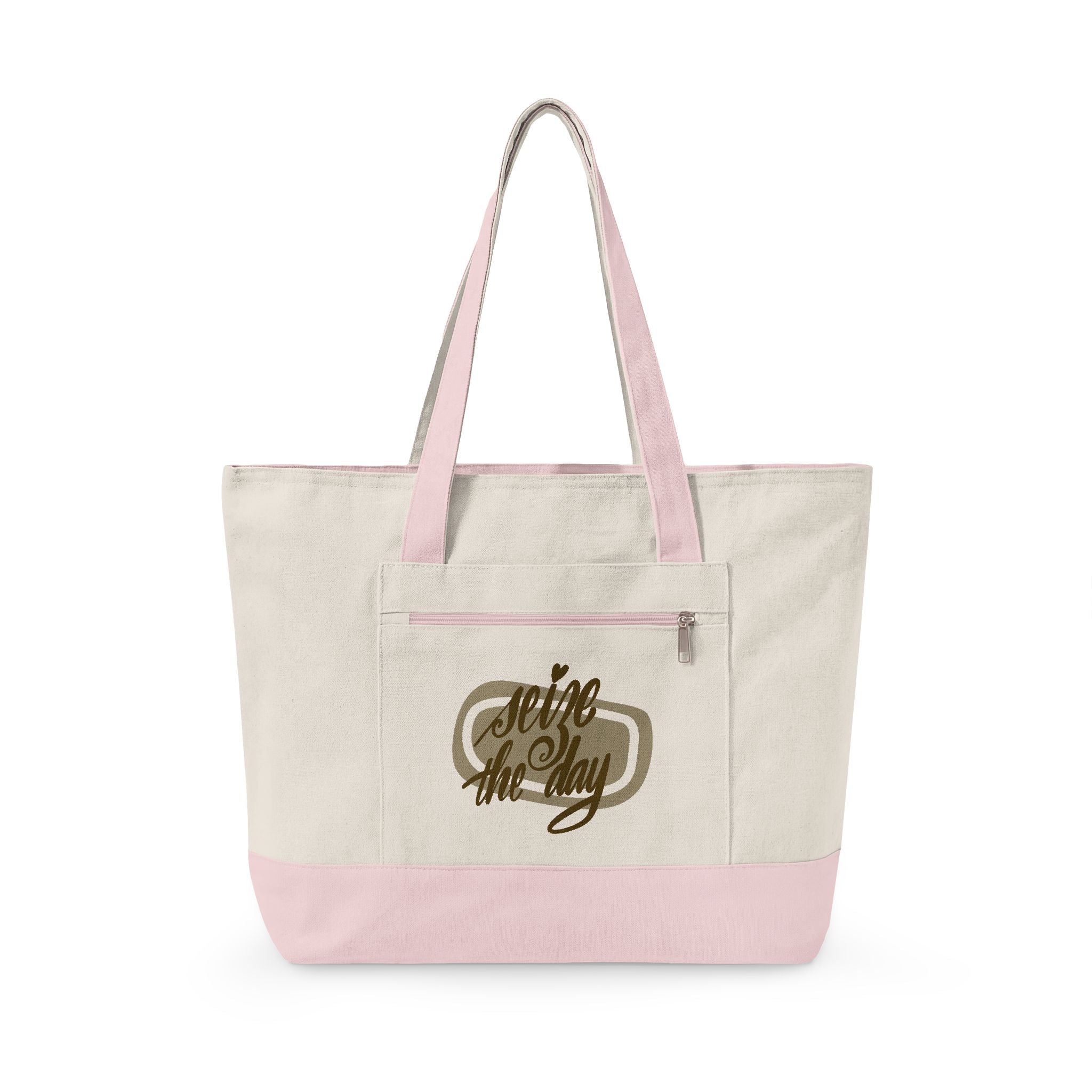 Zippered Canvas Tote – "Seize the Day" Script Tote Bag, Everyday Zip-Top Canvas Shopper