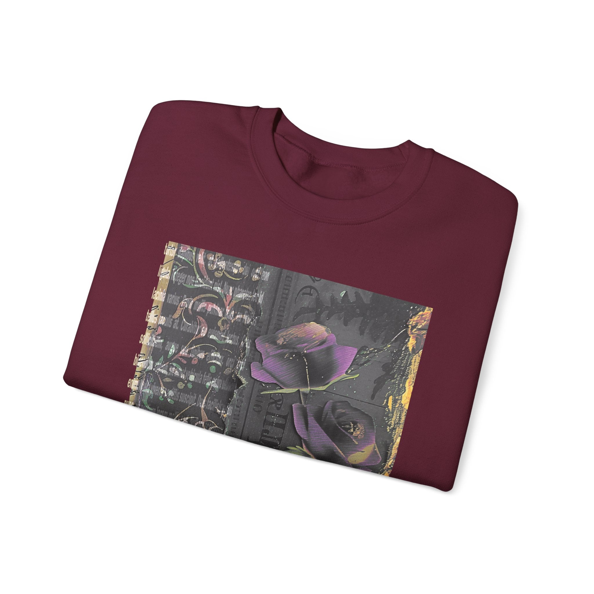 Crewneck Sweatshirt — Vintage Botanical Collage with Purple Roses