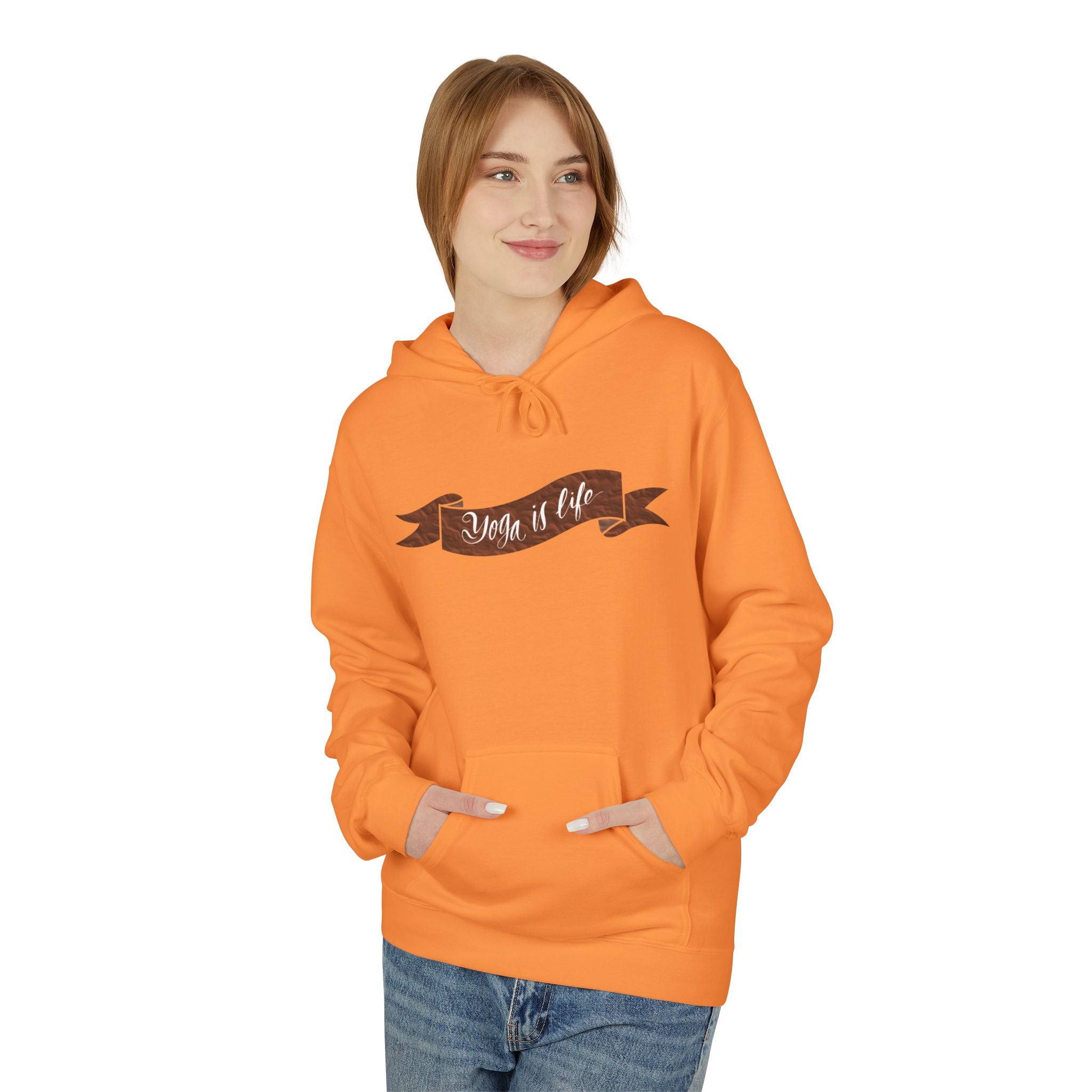 Cozy 'Yoga is Life' Script Hoodie — Rustic Brown Fleece Pullover