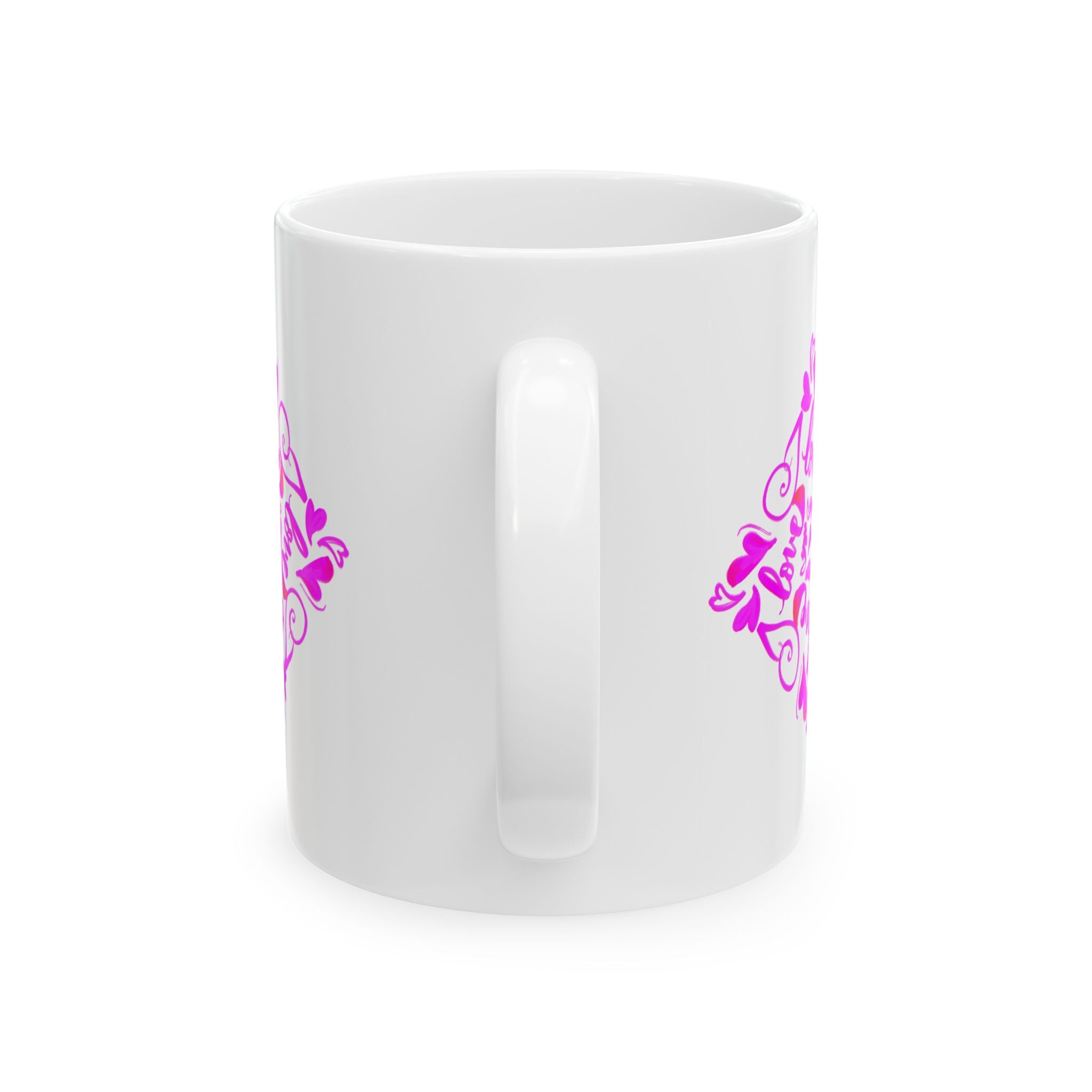 I love you hand-drawn Hearts Ceramic Mug — Pink Floral Heart calligraphy (11 loz)