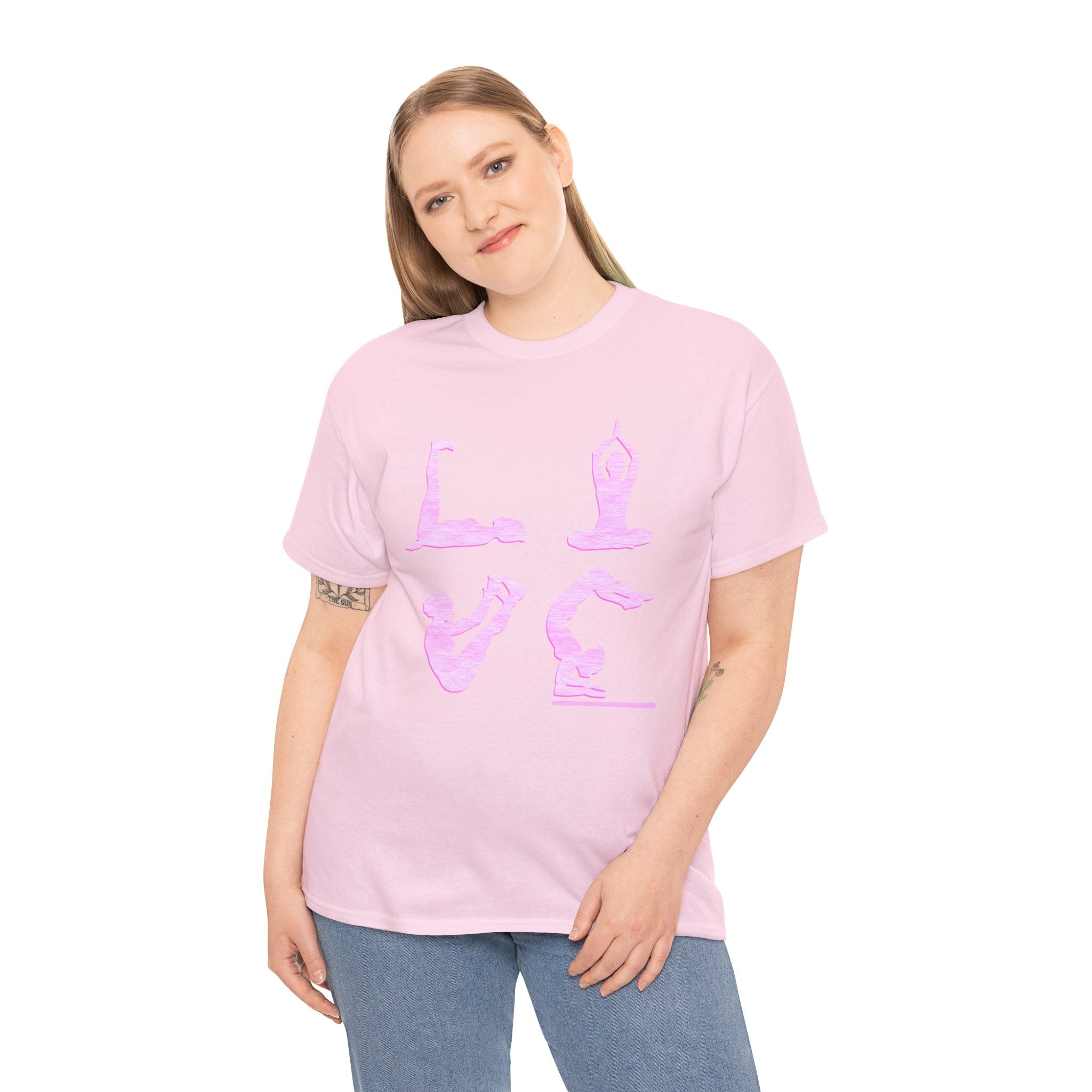 Yoga Love Poses Graphic Tee — Pink Silhouette Yoga Shirt for Women & Men