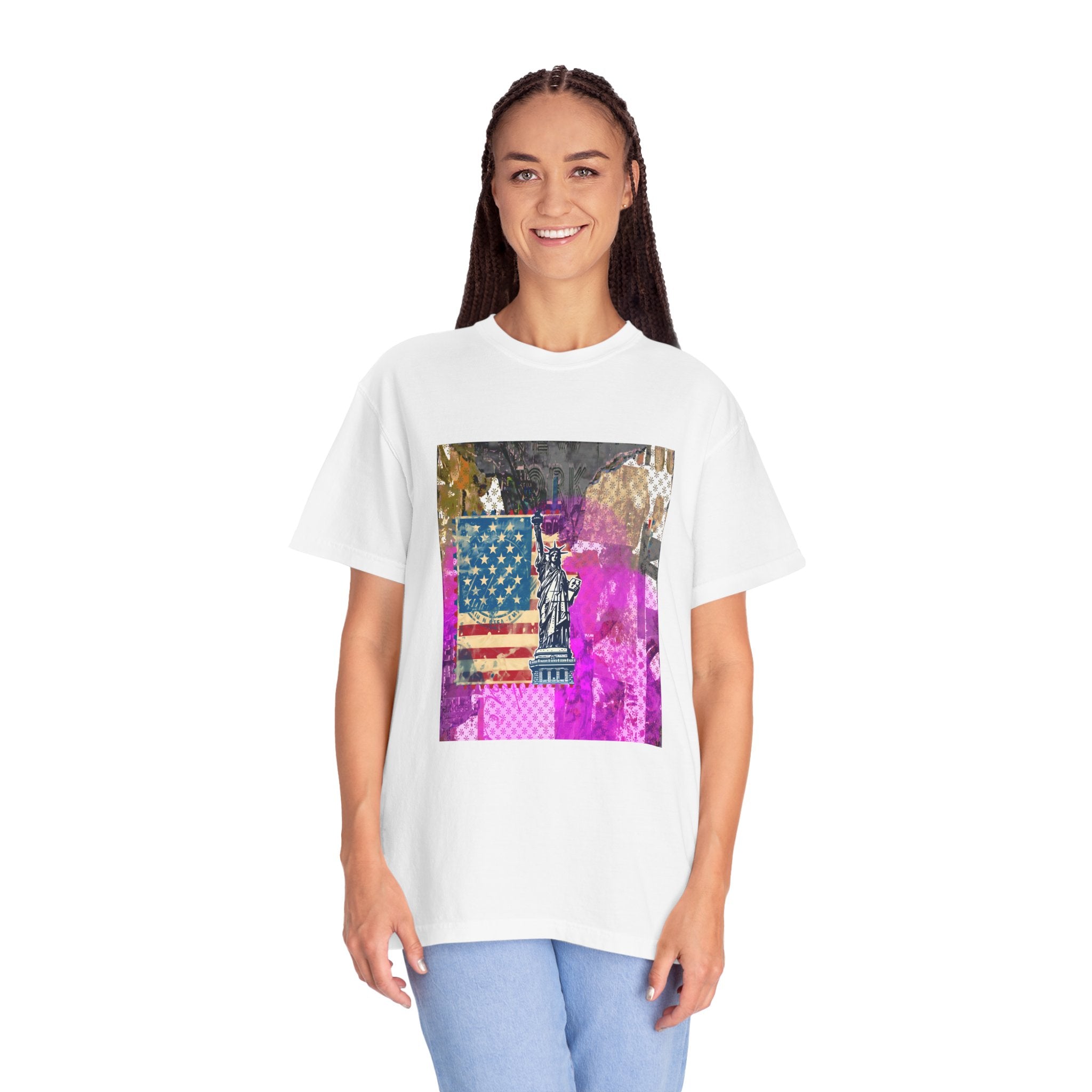 Unisex Garment-Dyed T-Shirt with Vintage Statue of Liberty Design