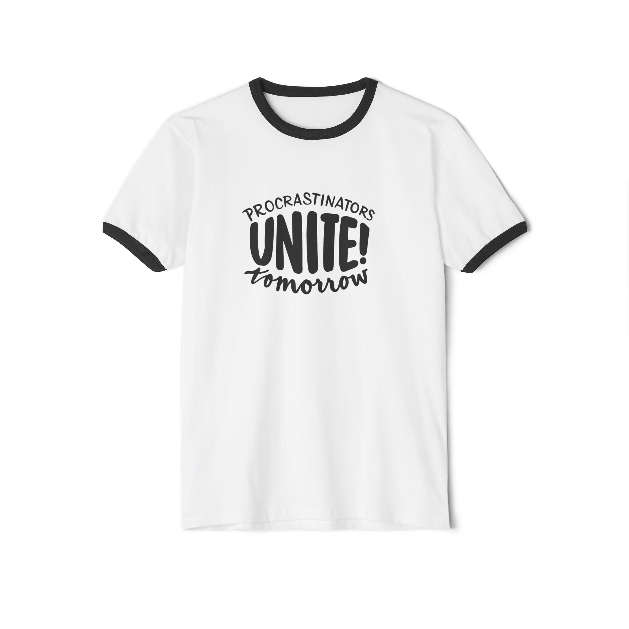 Procrastinators Unite Tomorrow Ringer T-Shirt, Funny Cotton Tee, Gift for Students, Casual Wear, Quirky Humor Shirt, Relaxed Fit Tee