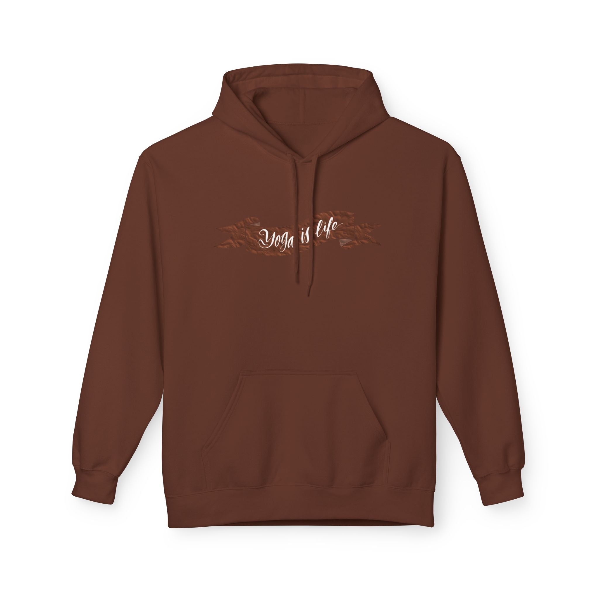 Cozy 'Yoga is Life' Script Hoodie — Rustic Brown Fleece Pullover