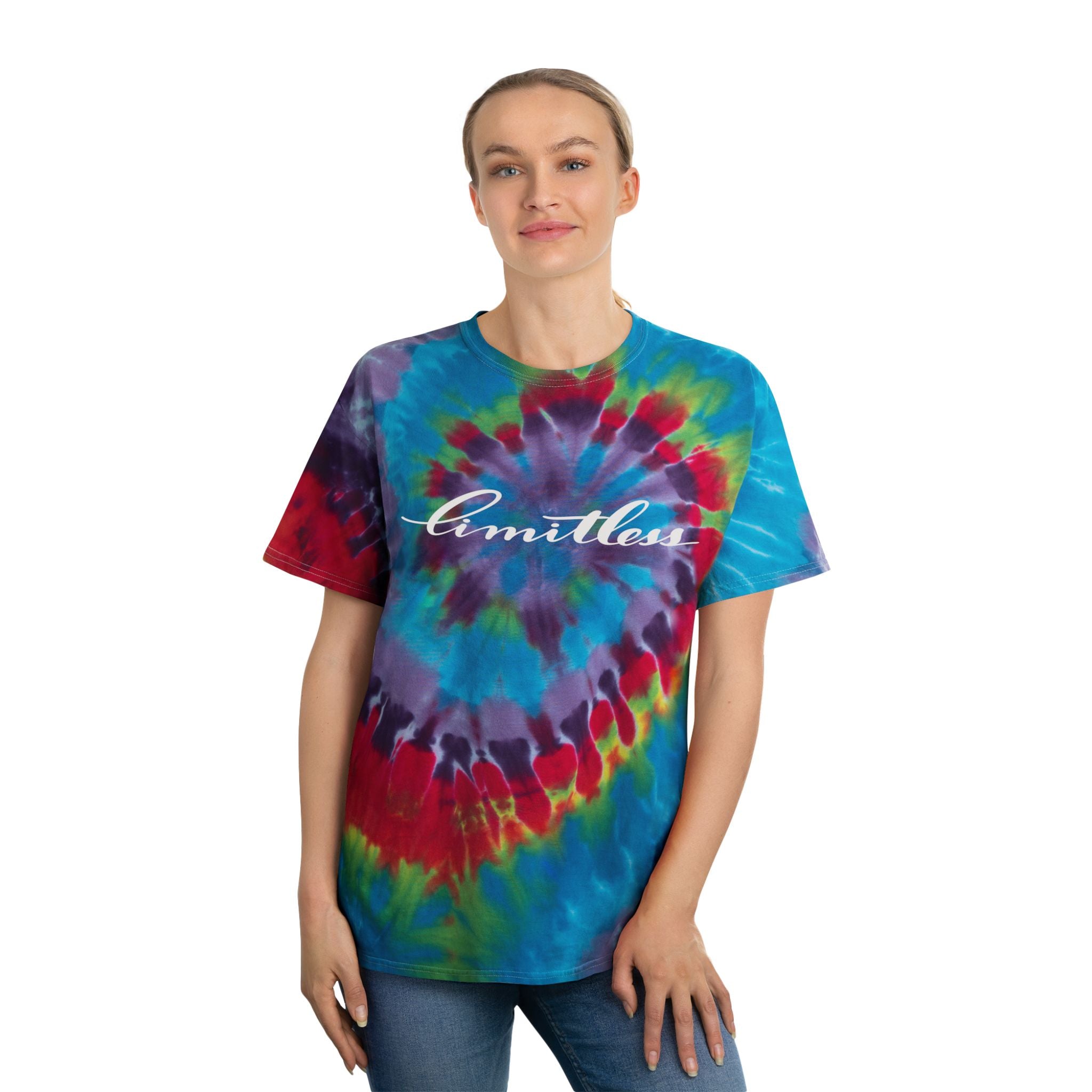 Limitless Hand-drawn Calligraphy Tie-Dye Tee - Vibrant Spiral Design for Youthful Spirit