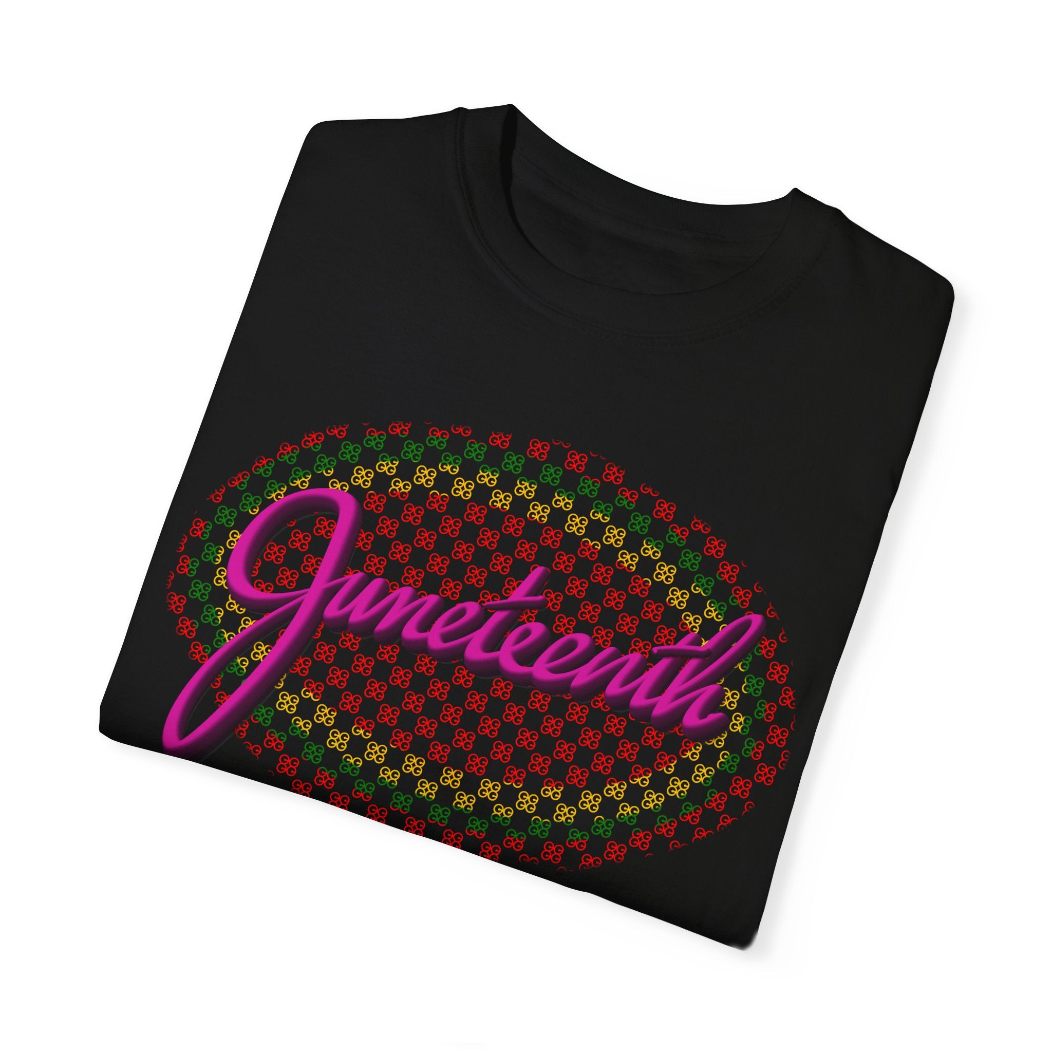 JUNETEENTH WITH PINK SCRIPT Unisex Garment-Dyed T-shirt