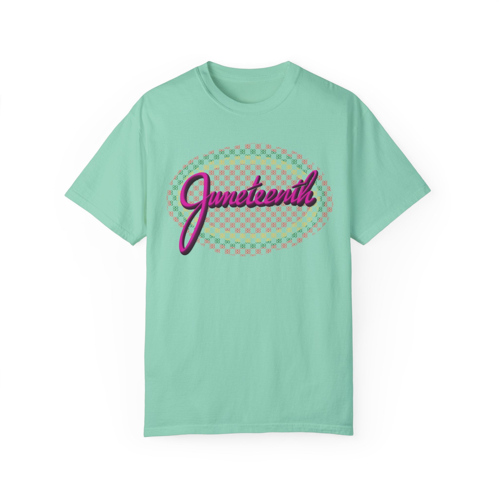 JUNETEENTH WITH PINK SCRIPT Unisex Garment-Dyed T-shirt