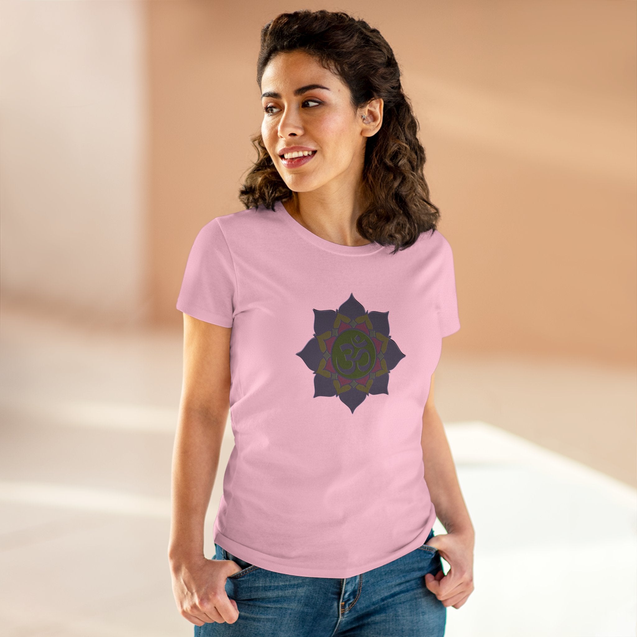 Women's Pink Om Symbol Cotton Tee - Spiritual & Comfortable Casual Wear