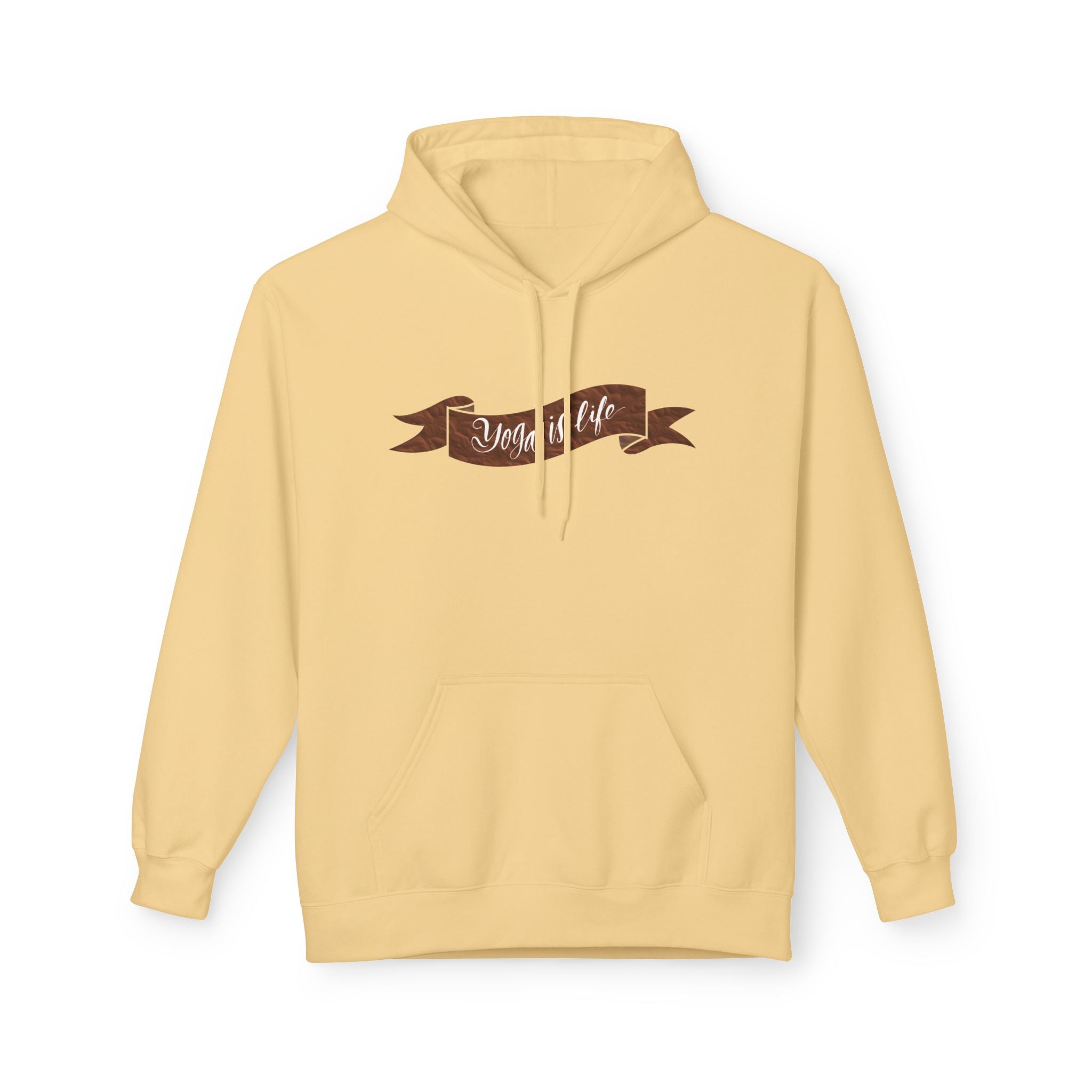 Cozy 'Yoga is Life' Script Hoodie — Rustic Brown Fleece Pullover