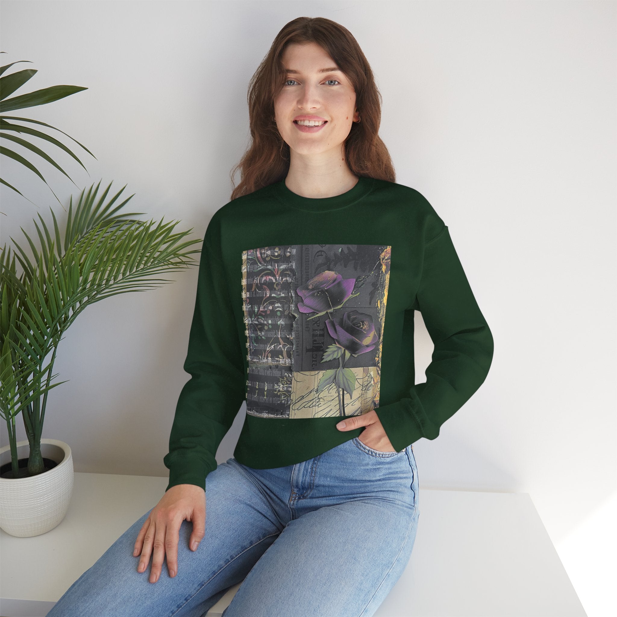 Crewneck Sweatshirt — Vintage Botanical Collage with Purple Roses