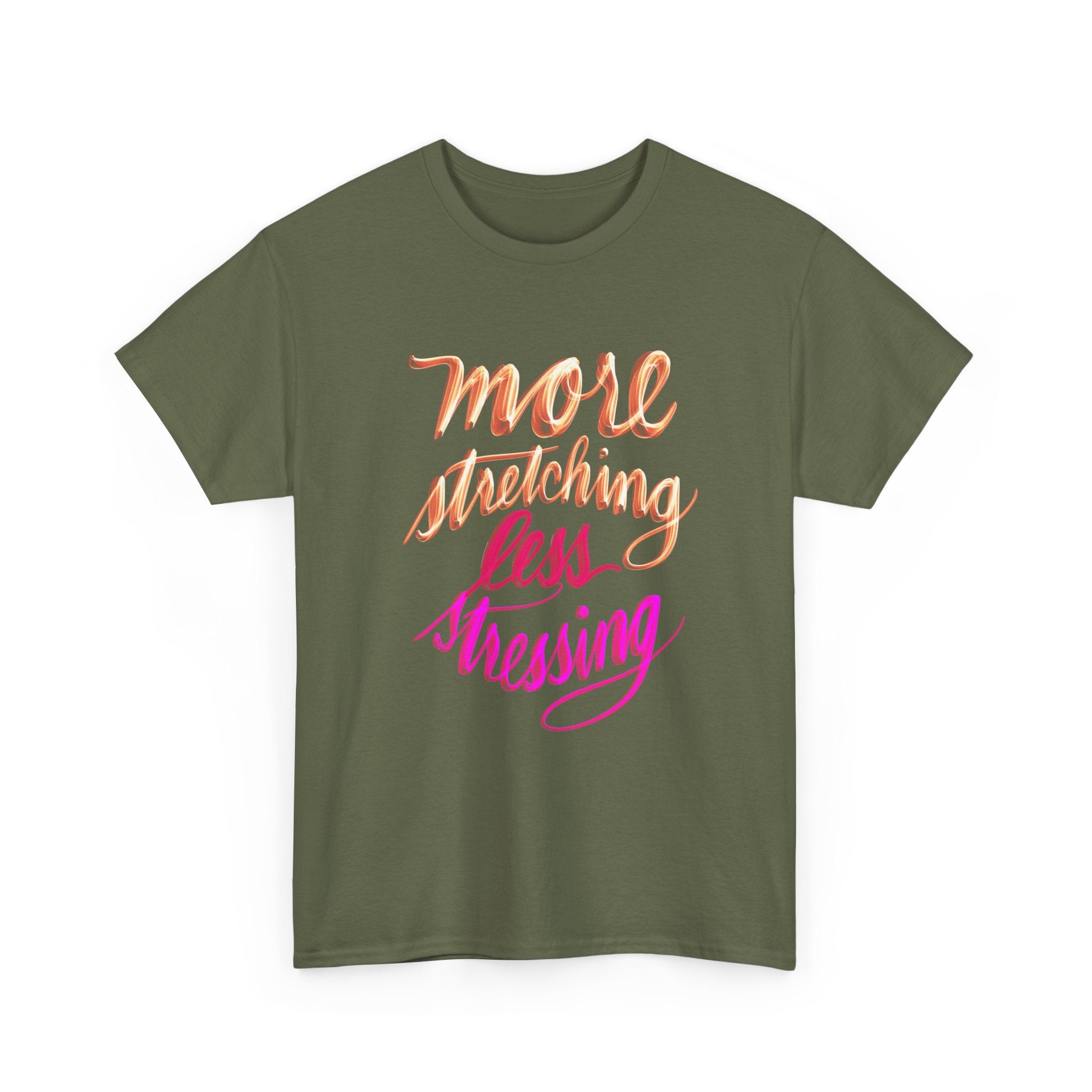 Yoga Tee - More Stretching, Less Stressing - Handwritten Tee Shirt Design by Cecile