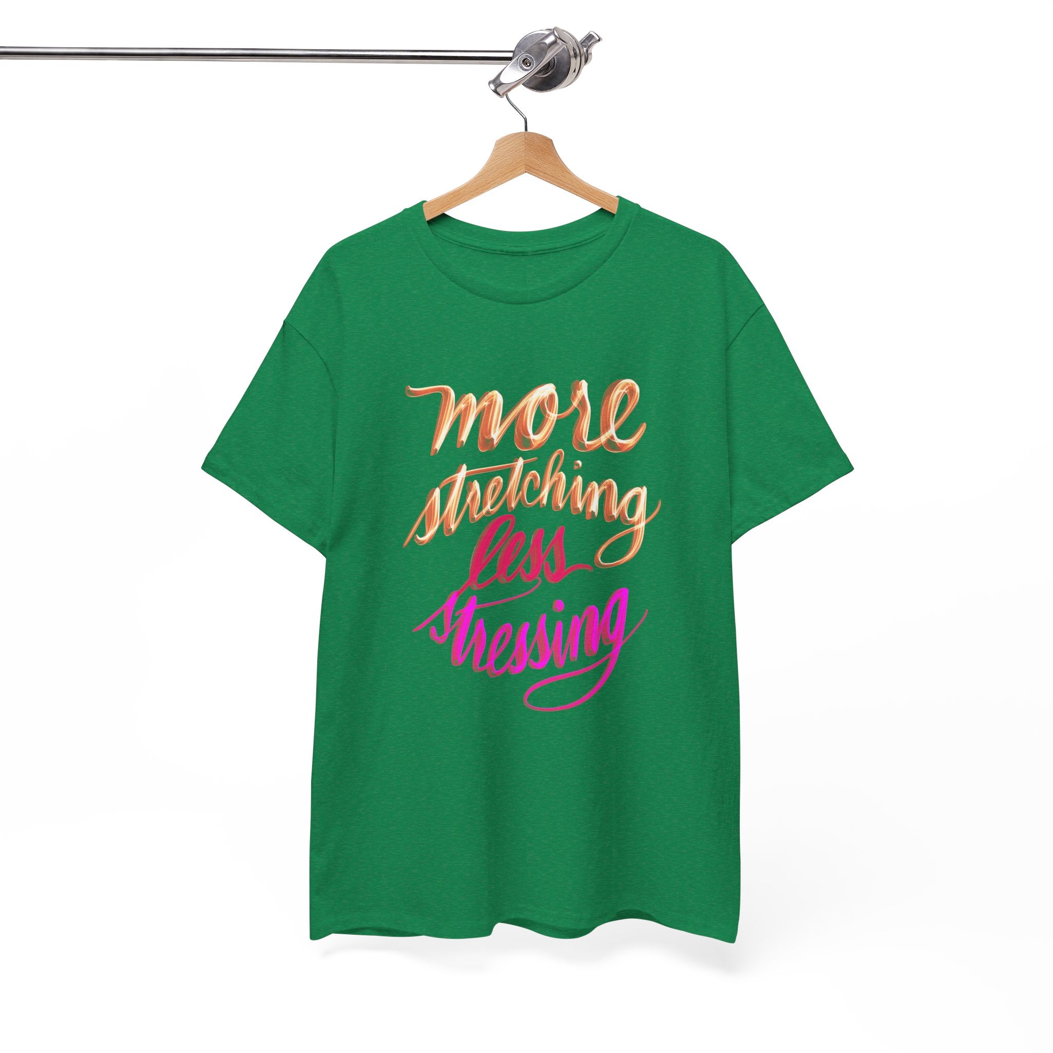 Yoga Tee - More Stretching, Less Stressing - Handwritten Tee Shirt Design by Cecile