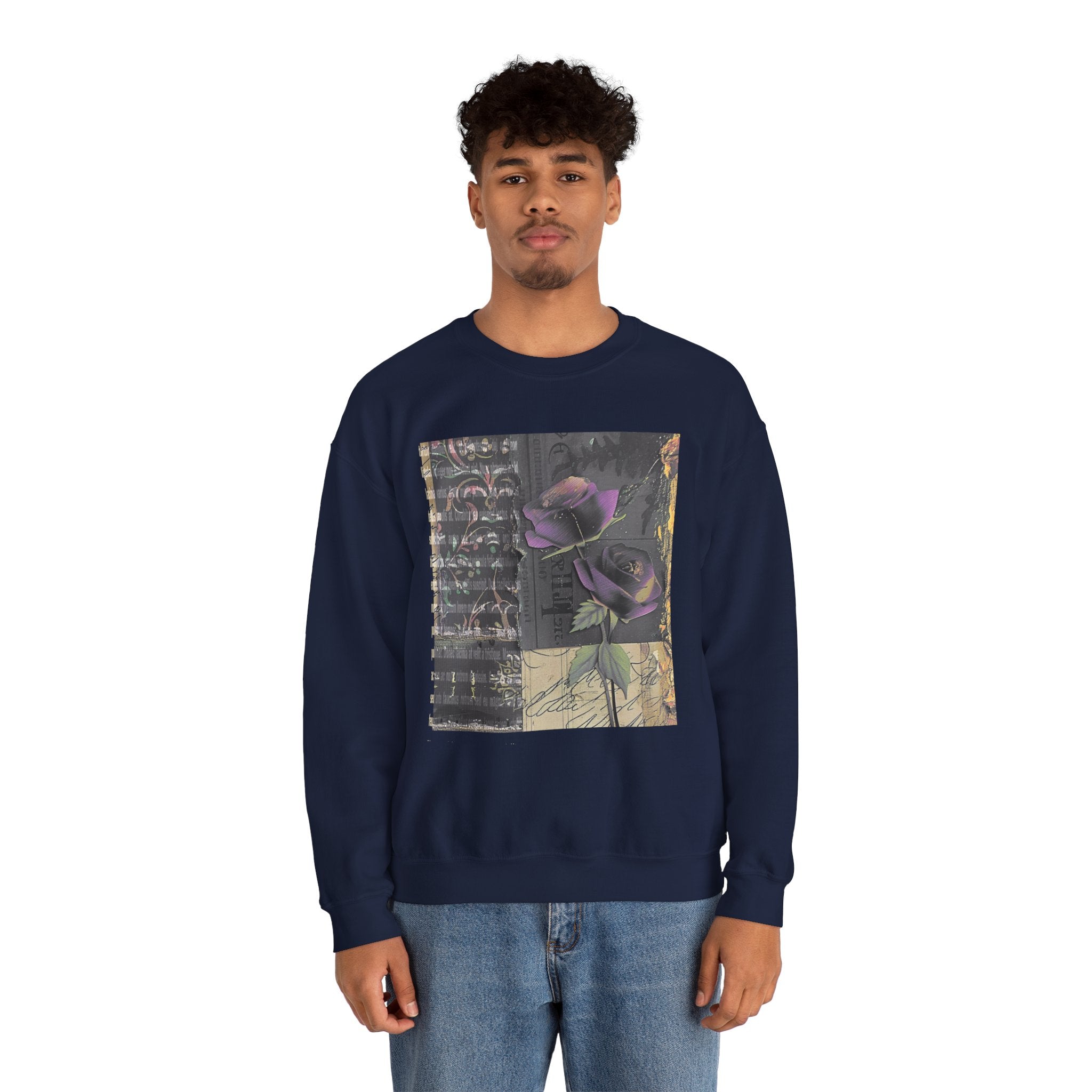 Crewneck Sweatshirt — Vintage Botanical Collage with Purple Roses