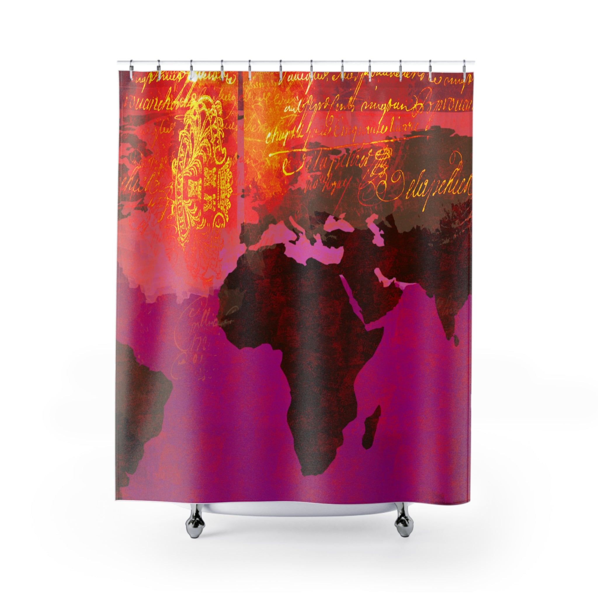 World Map Artistic Shower Curtain - Vibrant Red and Gold Design