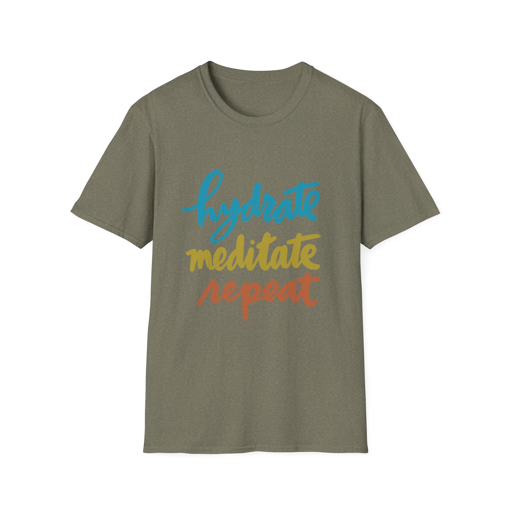 Hydrate Meditate Repeat Unisex Softstyle T-Shirt - Chill Vibe Tee for Wellness Lovers