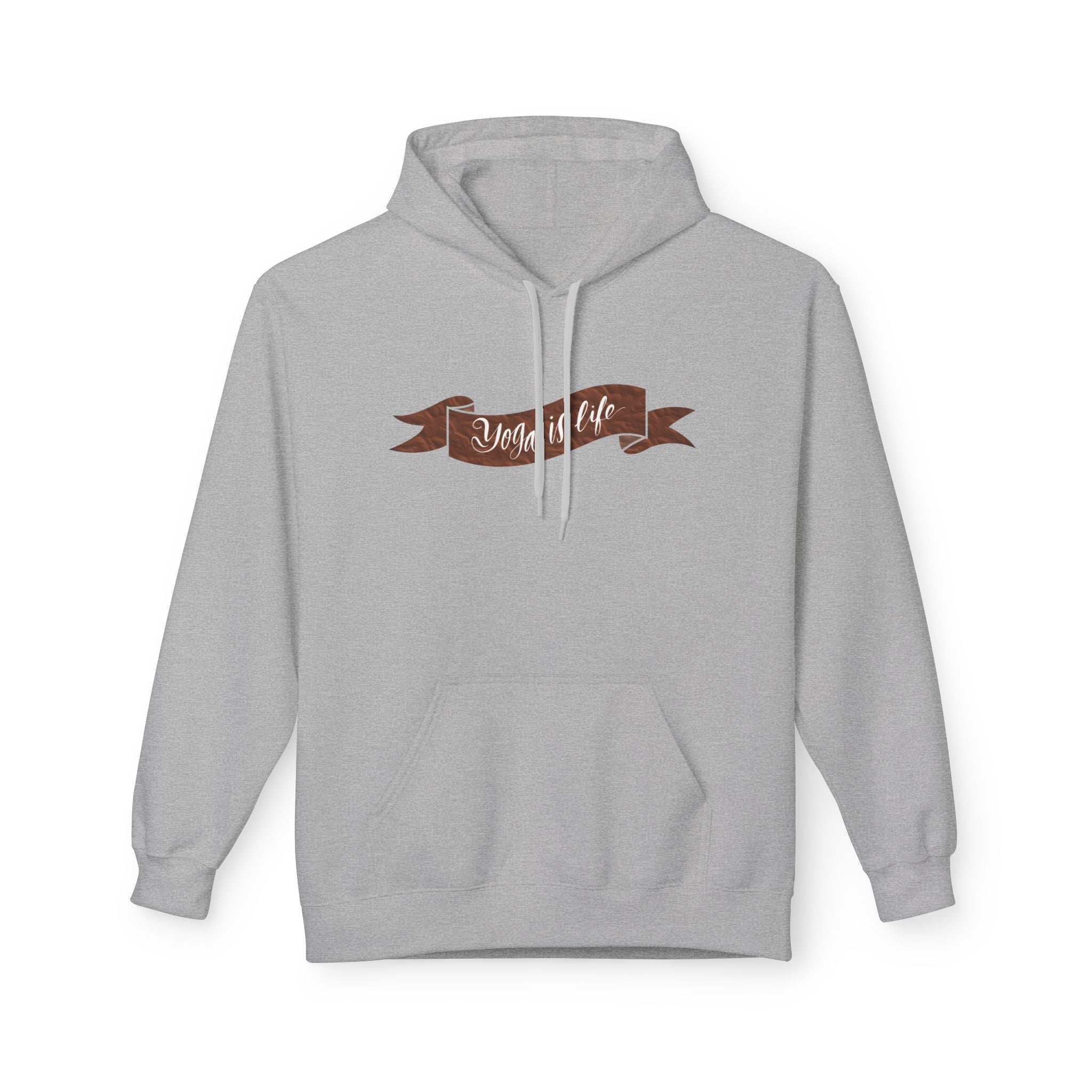 Cozy 'Yoga is Life' Script Hoodie — Rustic Brown Fleece Pullover