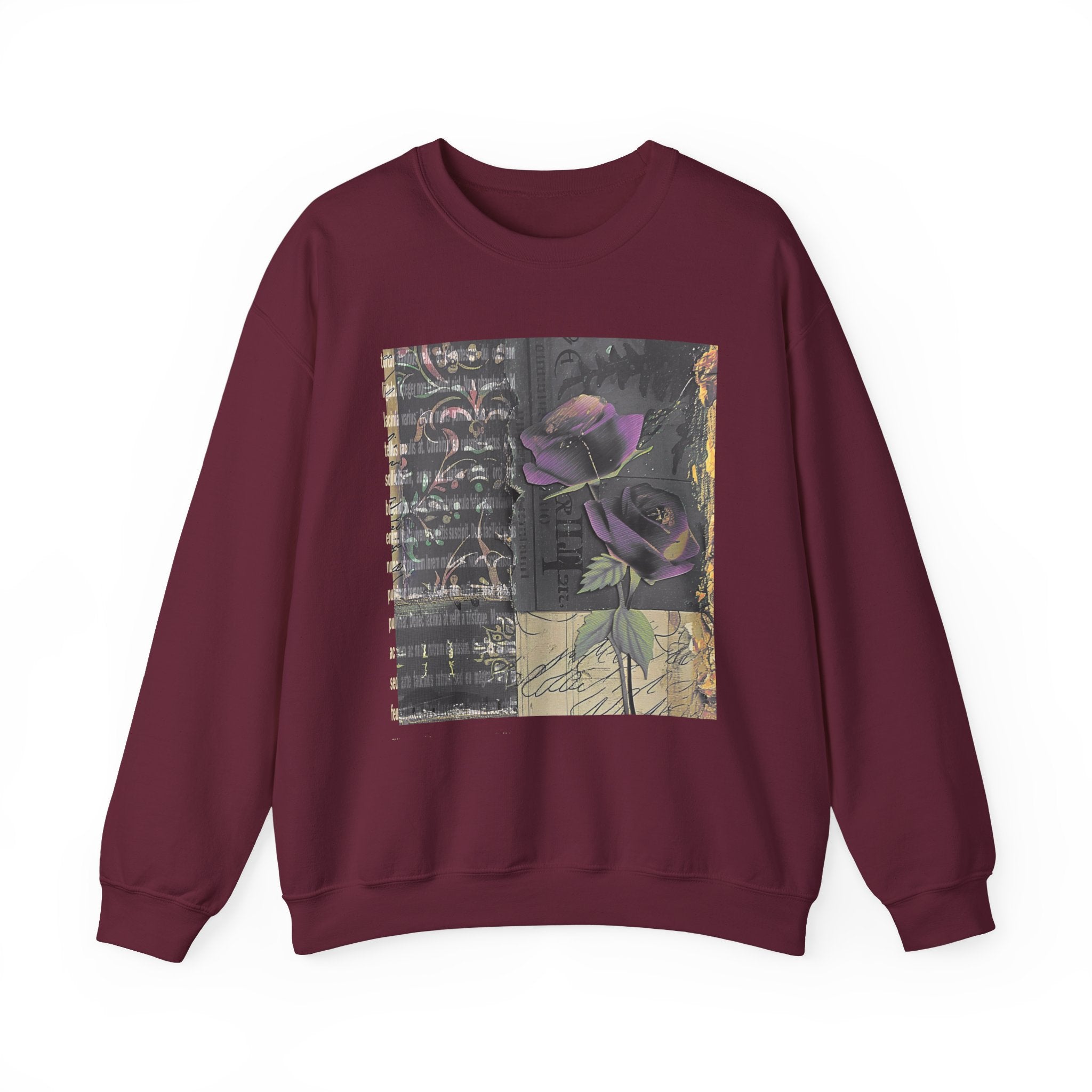 Crewneck Sweatshirt — Vintage Botanical Collage with Purple Roses
