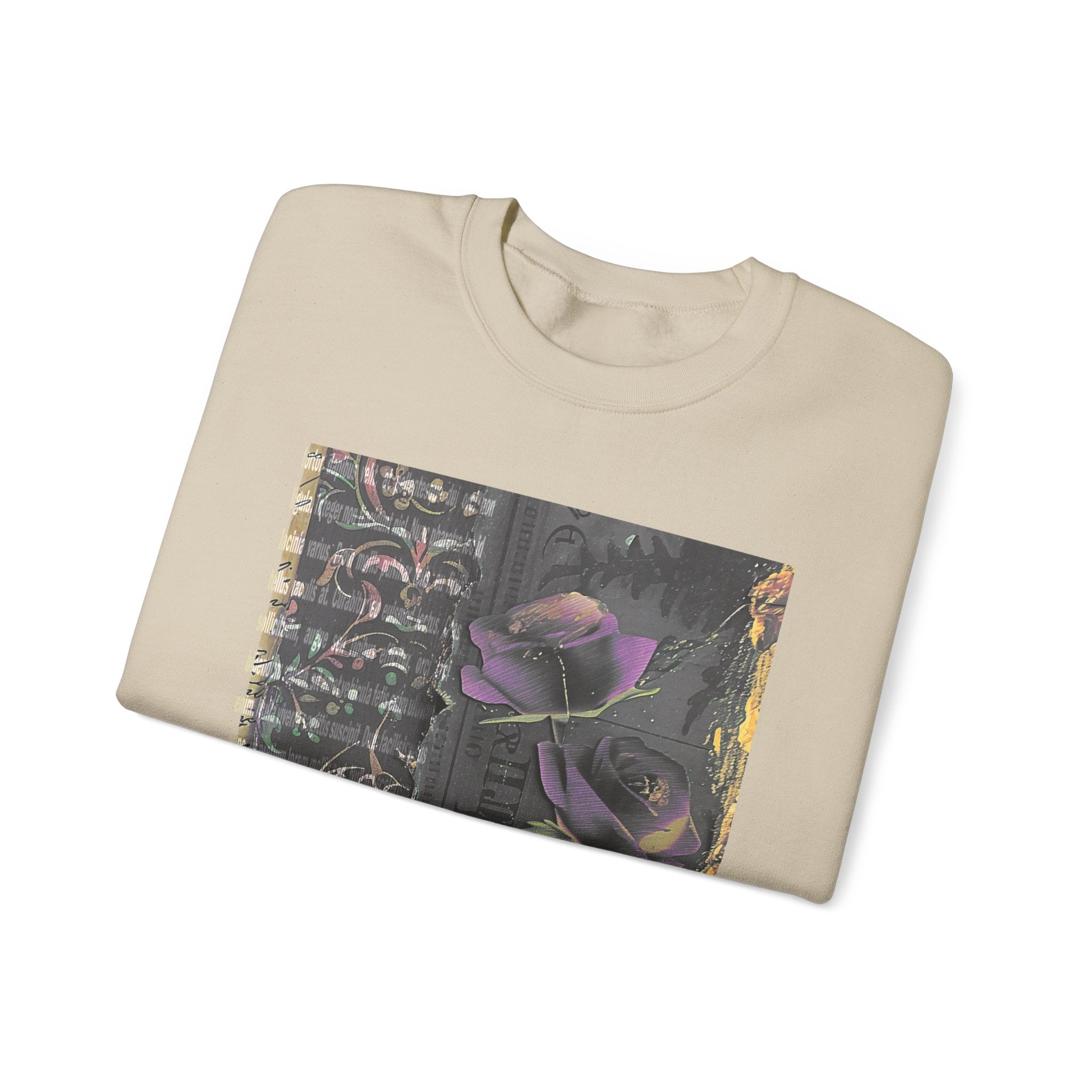 Crewneck Sweatshirt — Vintage Botanical Collage with Purple Roses