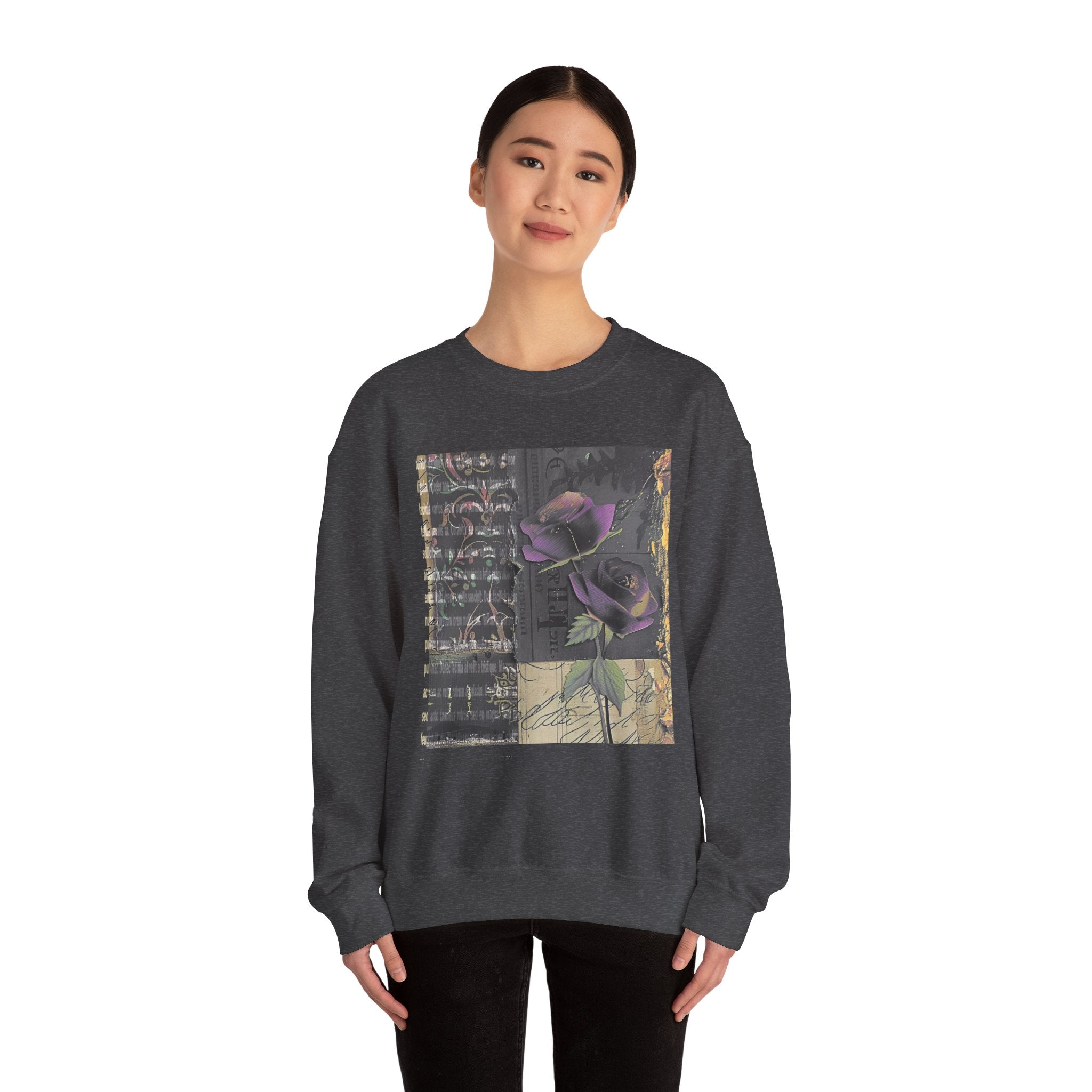 Crewneck Sweatshirt — Vintage Botanical Collage with Purple Roses