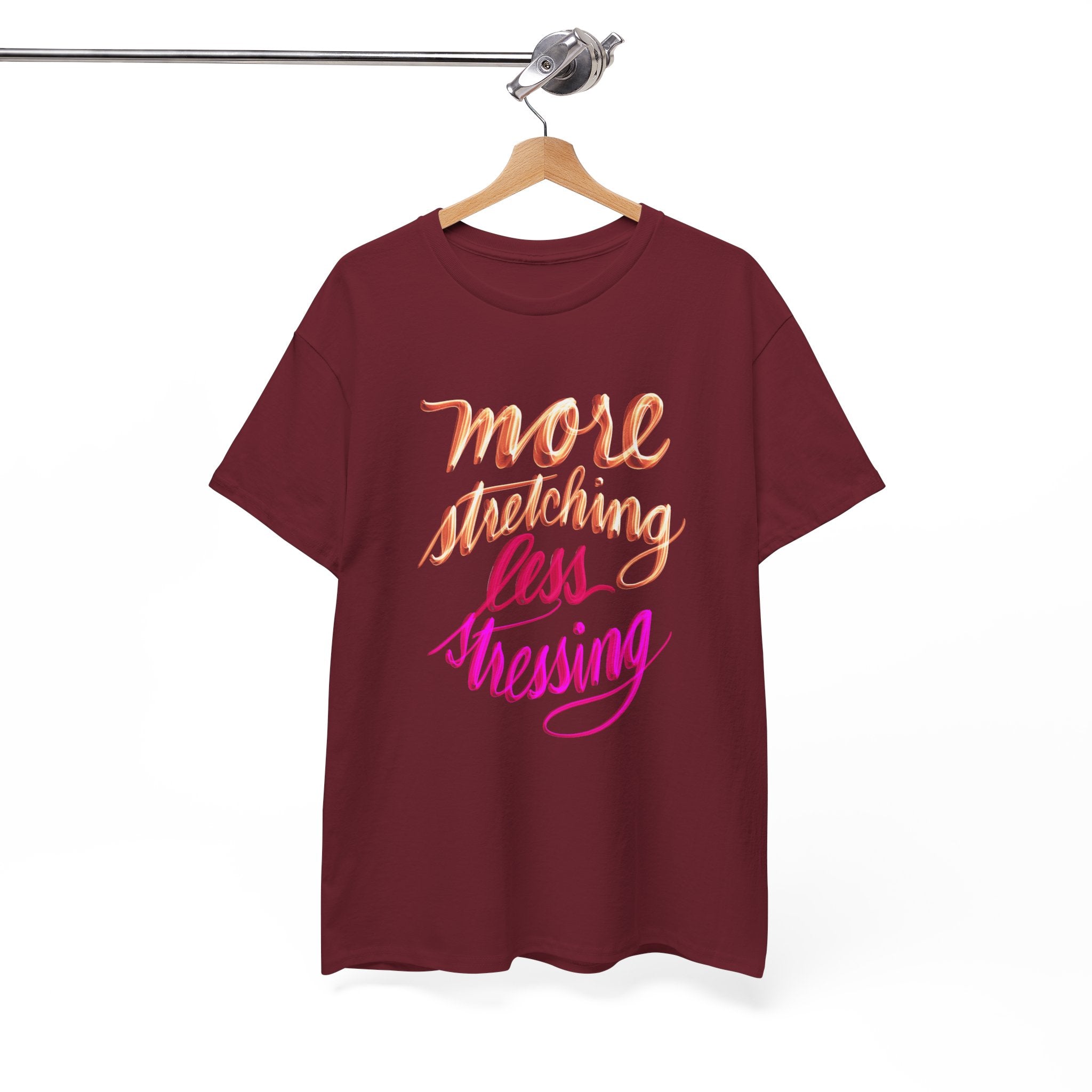 Yoga Tee - More Stretching, Less Stressing - Handwritten Tee Shirt Design by Cecile