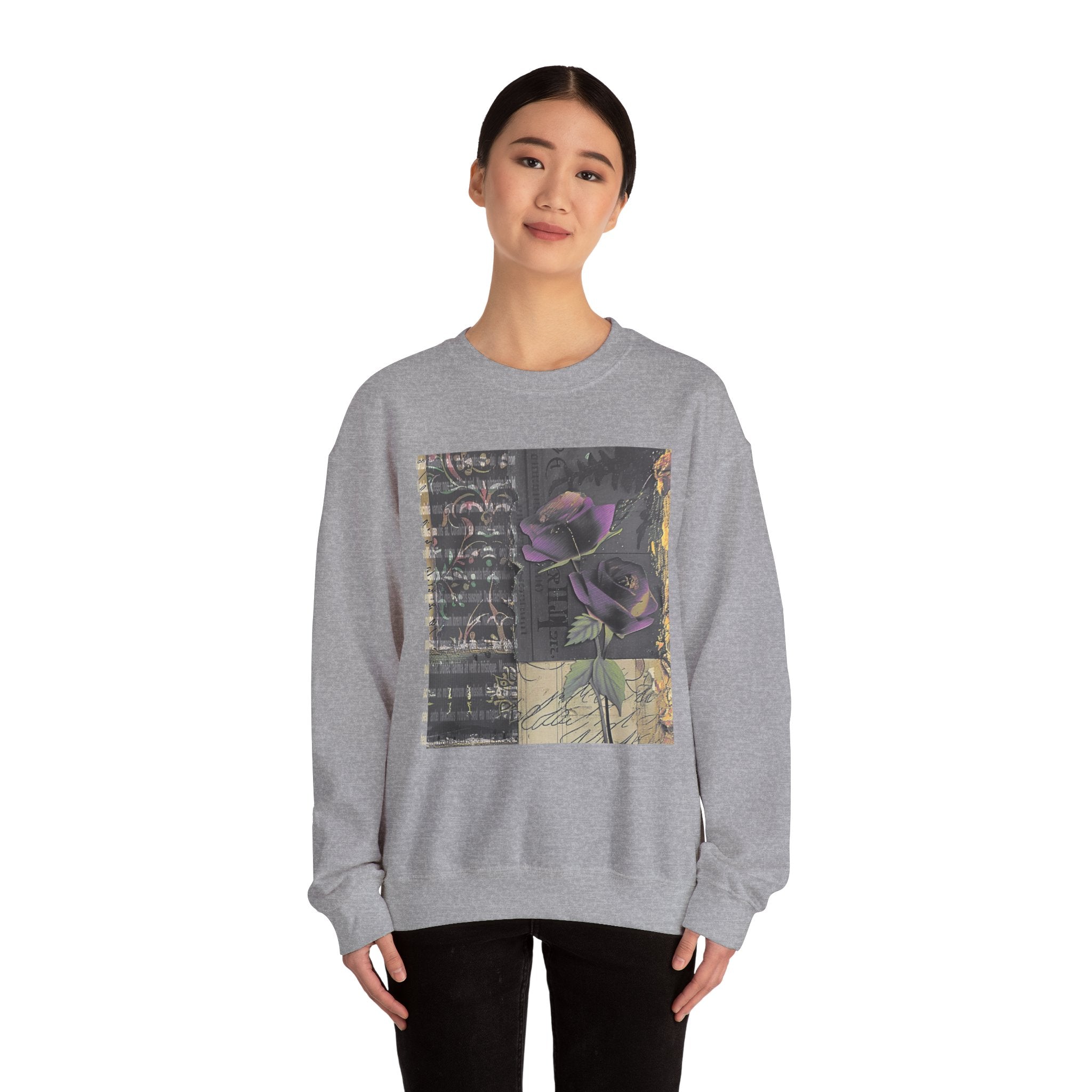 Crewneck Sweatshirt — Vintage Botanical Collage with Purple Roses